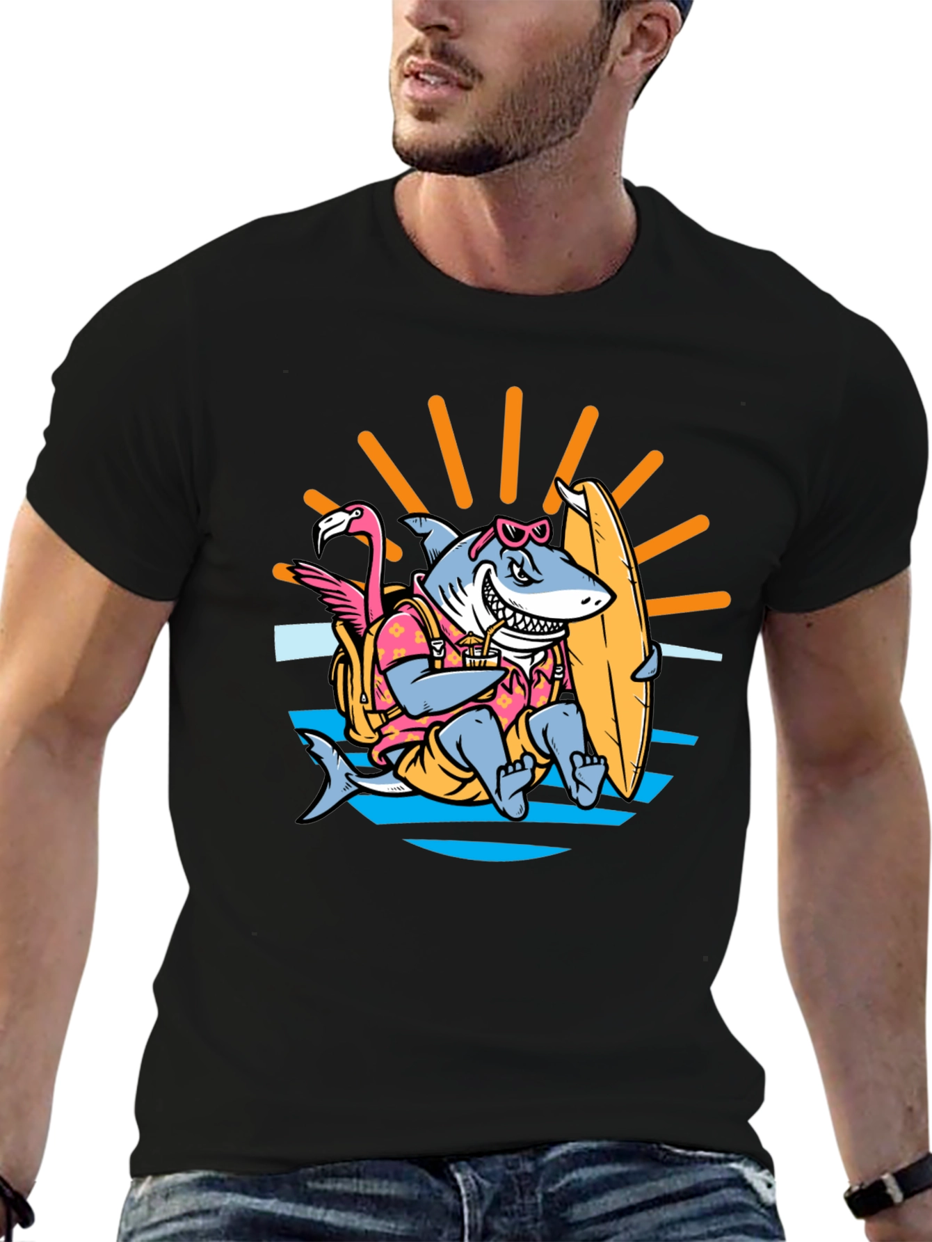 Black Surfing Shark T-Shirt - Summer Vibes view 6