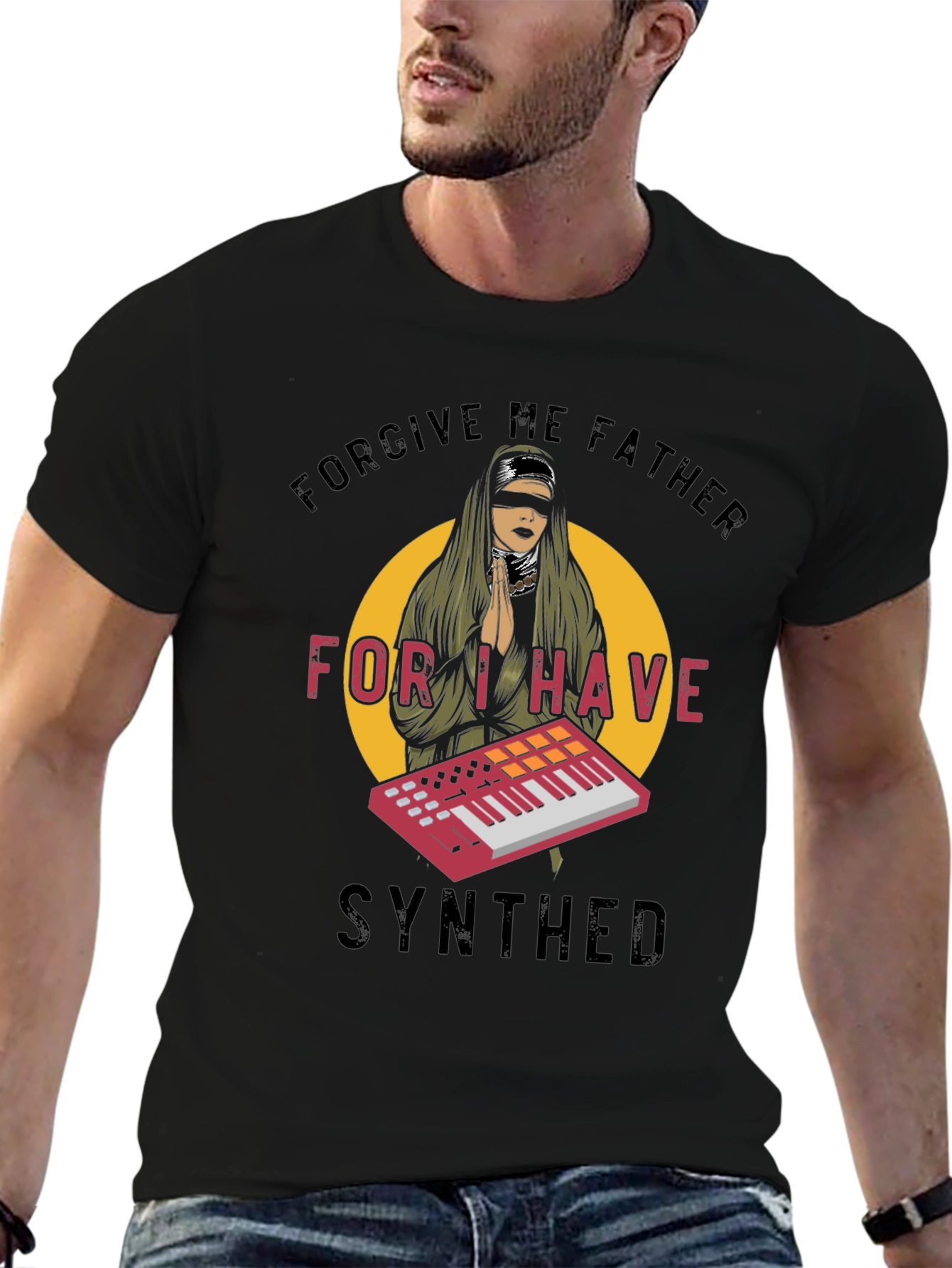 Black Forgive Me Father I Have Synthed Black T-Shirt view 6