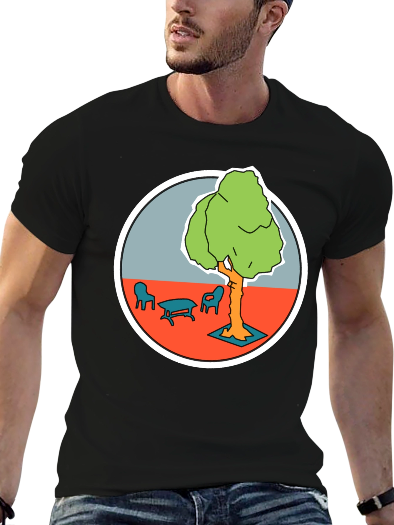 Black Black T-Shirt with Cartoon Tree Print view 6