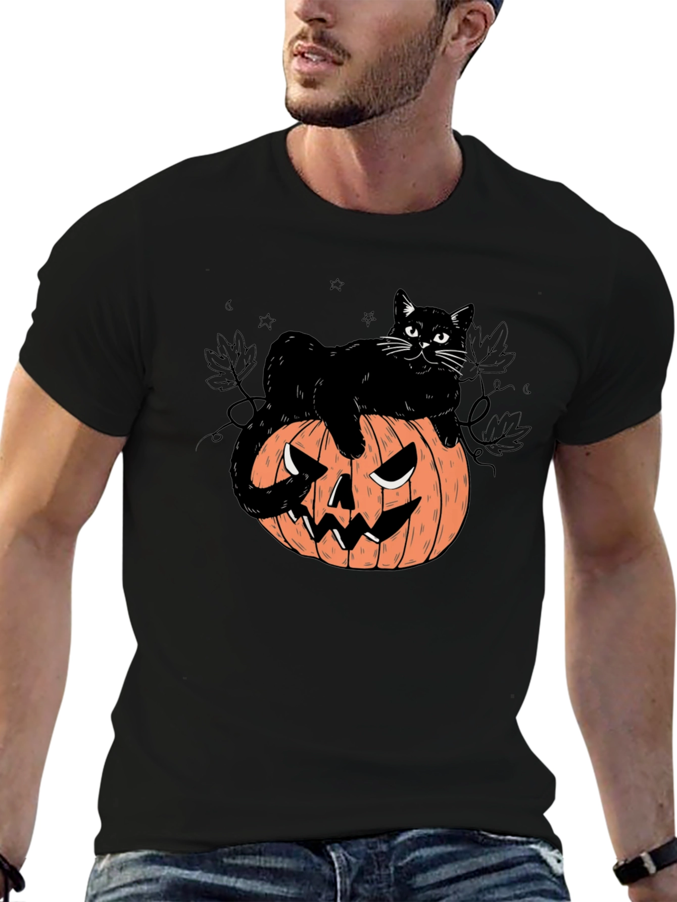 Black Halloween Cat on Pumpkin Graphic Tee view 6