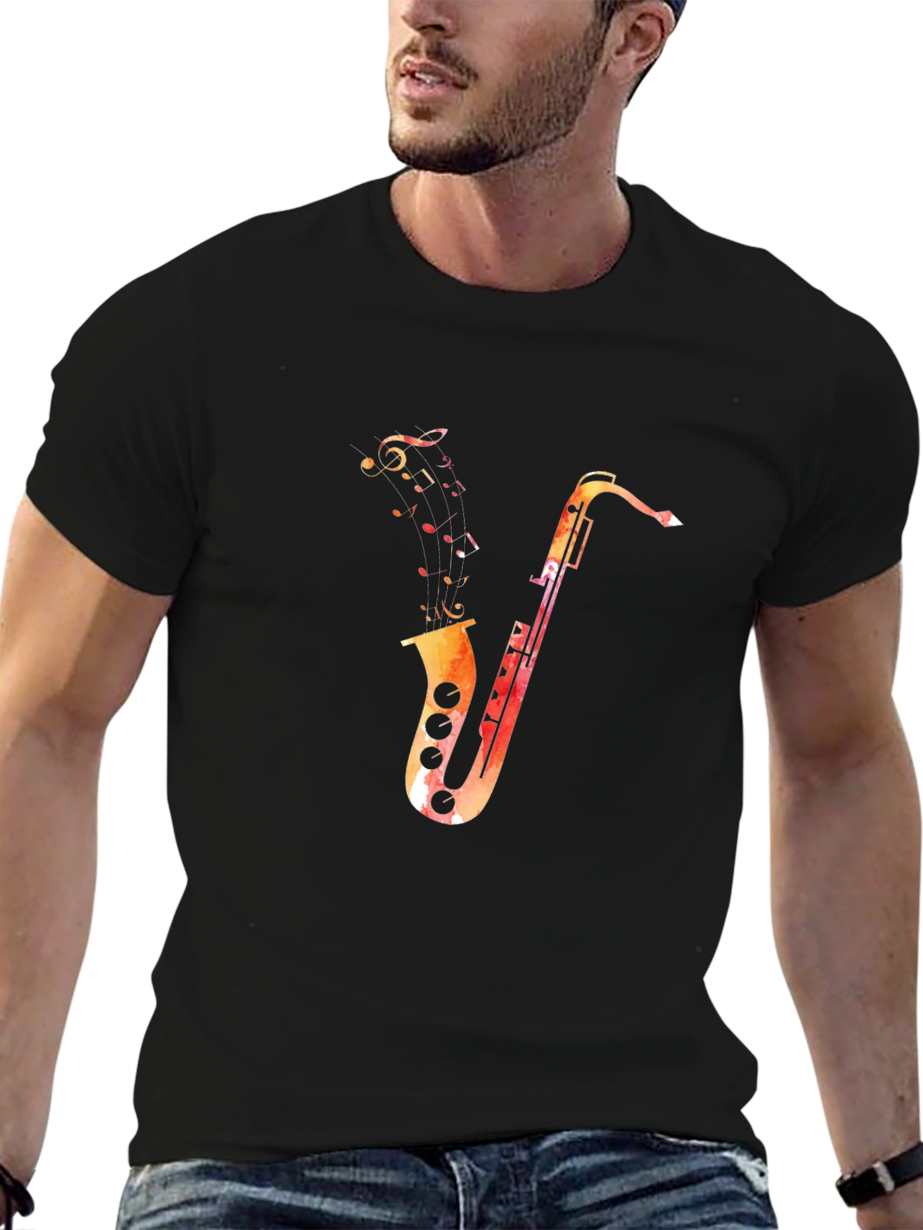 Black Saxophone Music Notes Graphic Black T-Shirt view 6