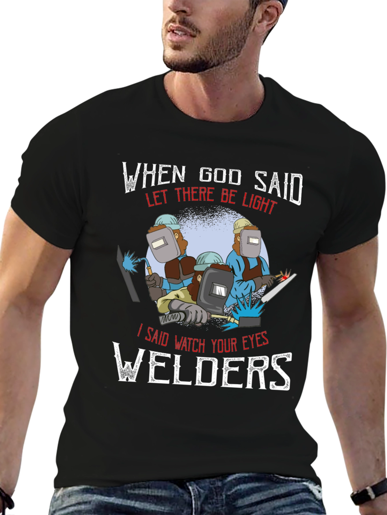 Black Funny Welder Graphic Tee - Watch Your Eyes view 6