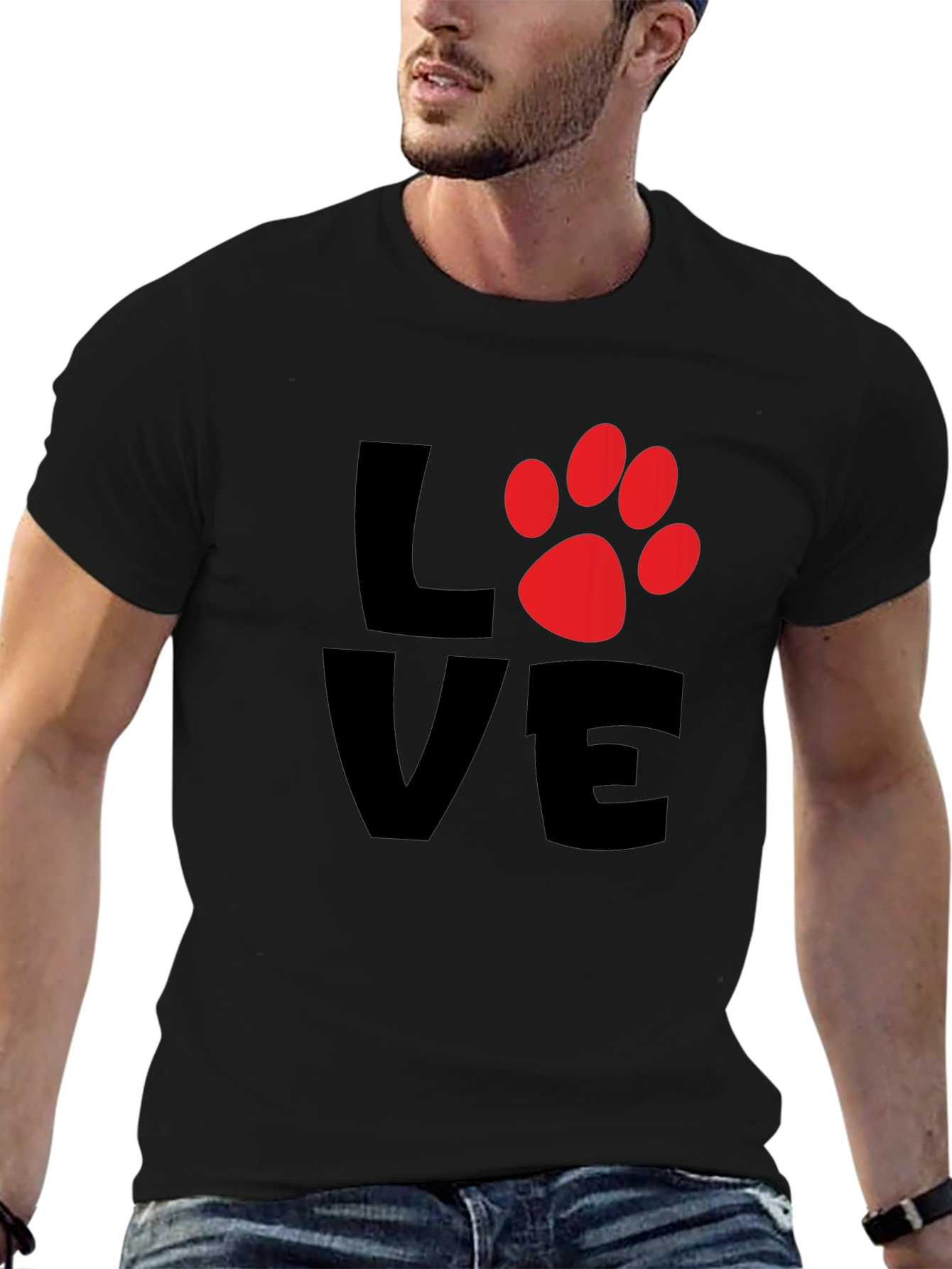 Black Love Paw Print Men's Black T-Shirt view 6