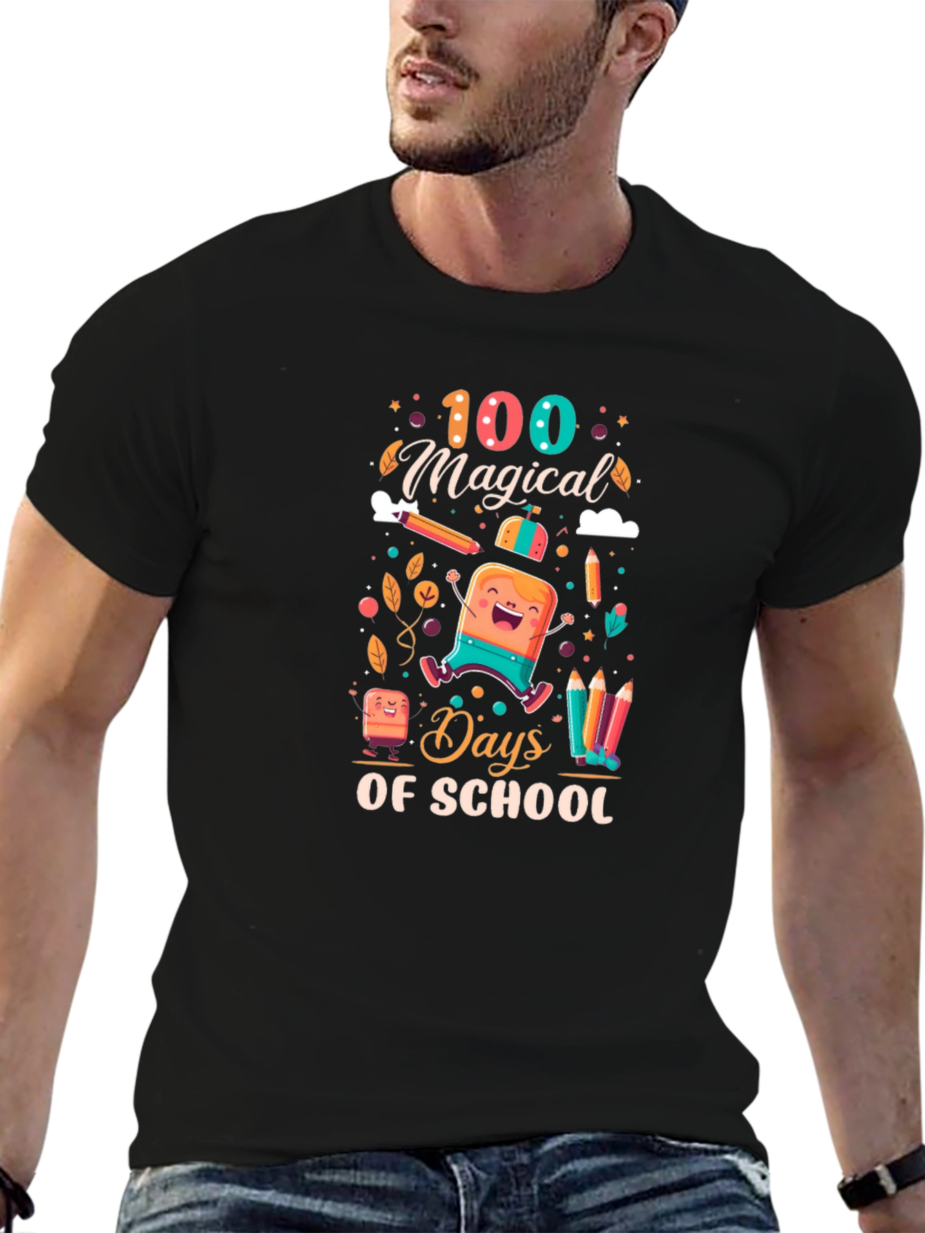 Black 100 Magical Days of School Black T-Shirt view 6