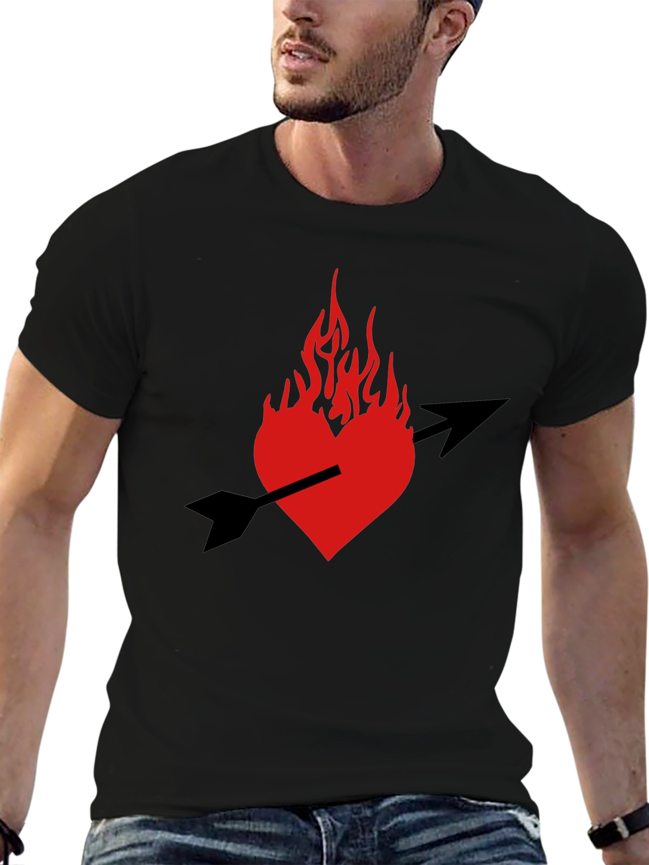 Black Burning Heart Arrow Graphic Black T-Shirt view 6