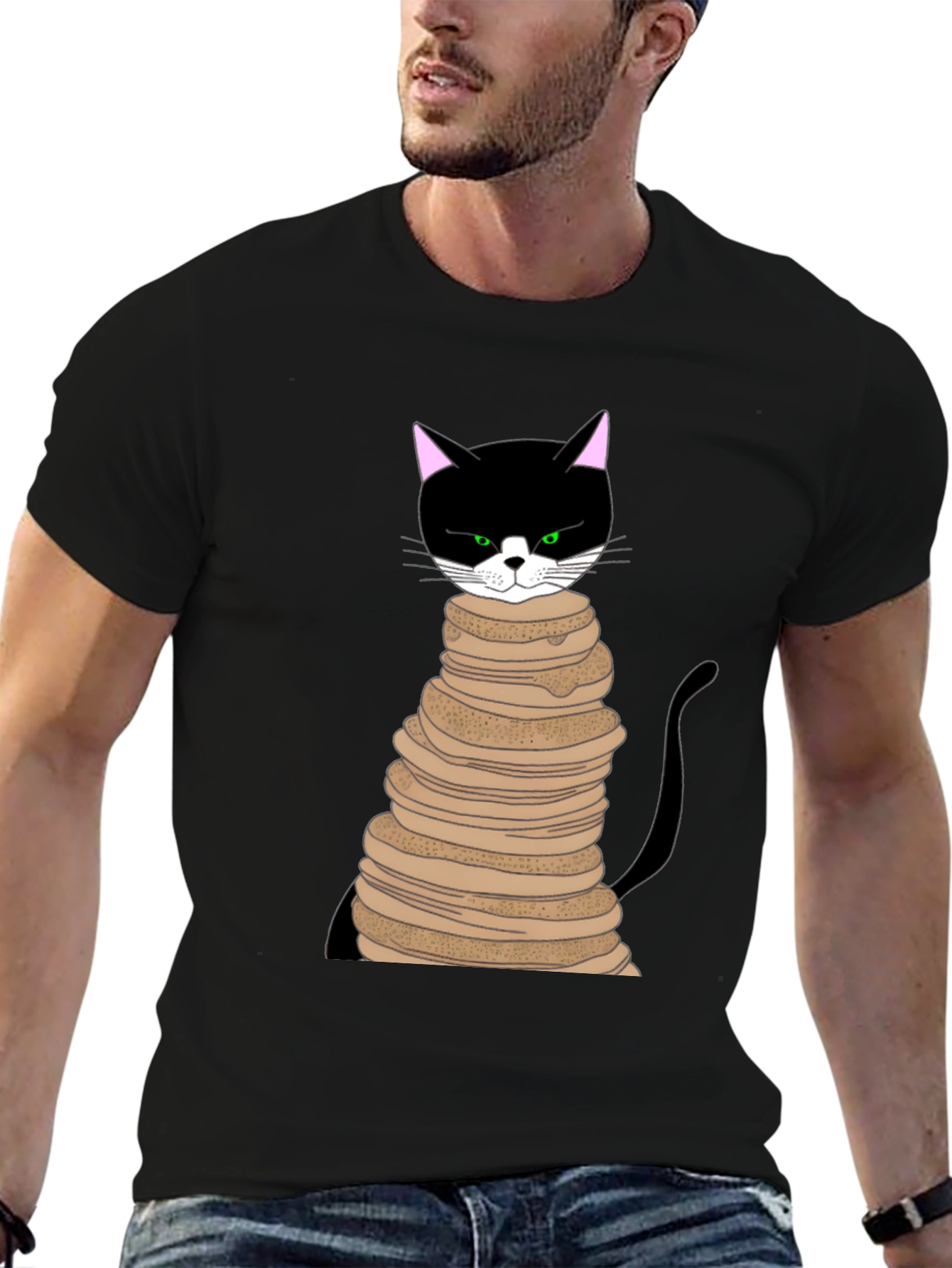 Black Cat Pancake Stack T-Shirt - Funny & Unique Design view 6