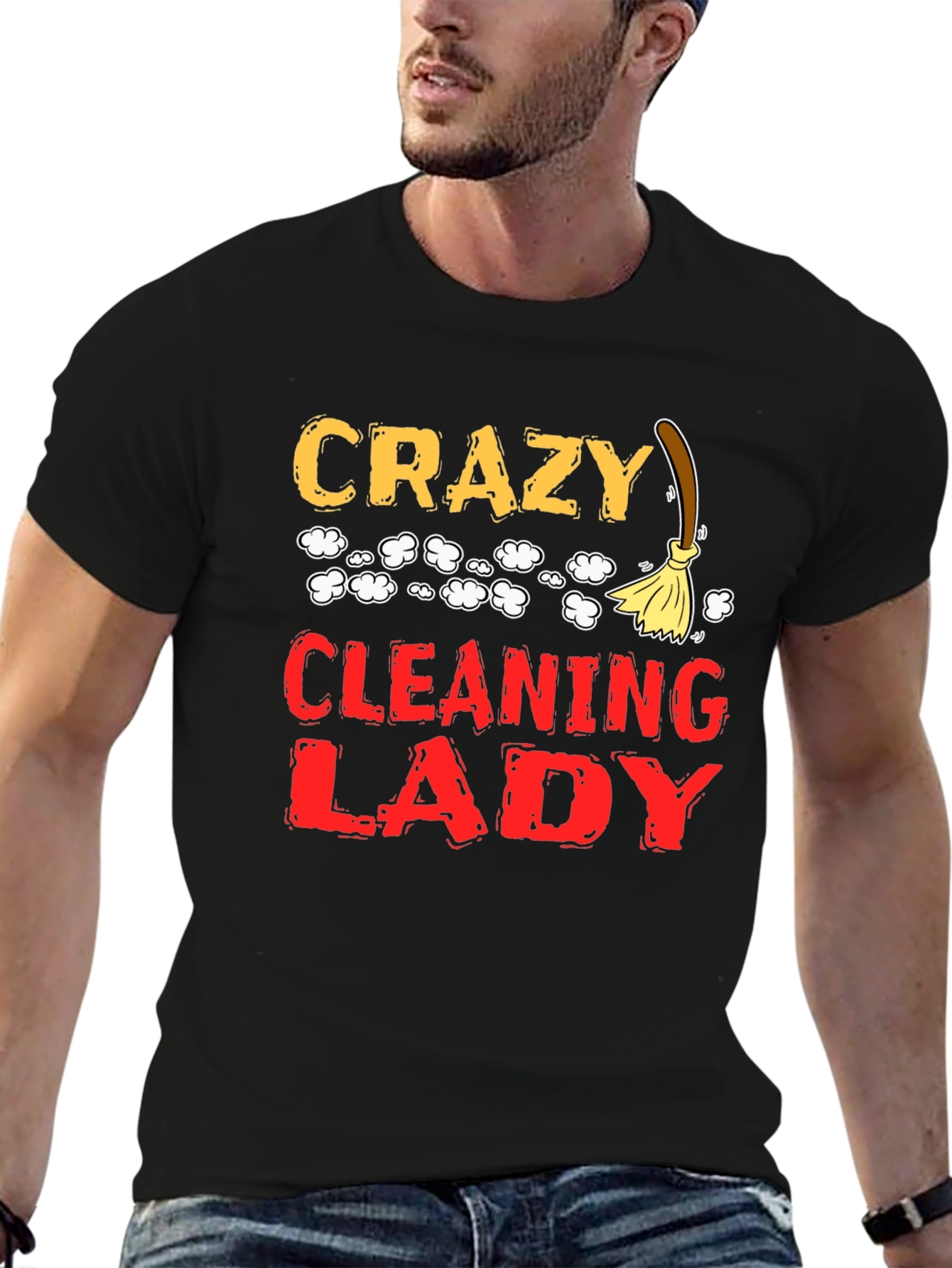 Black Crazy Cleaning Lady Graphic T-Shirt view 6