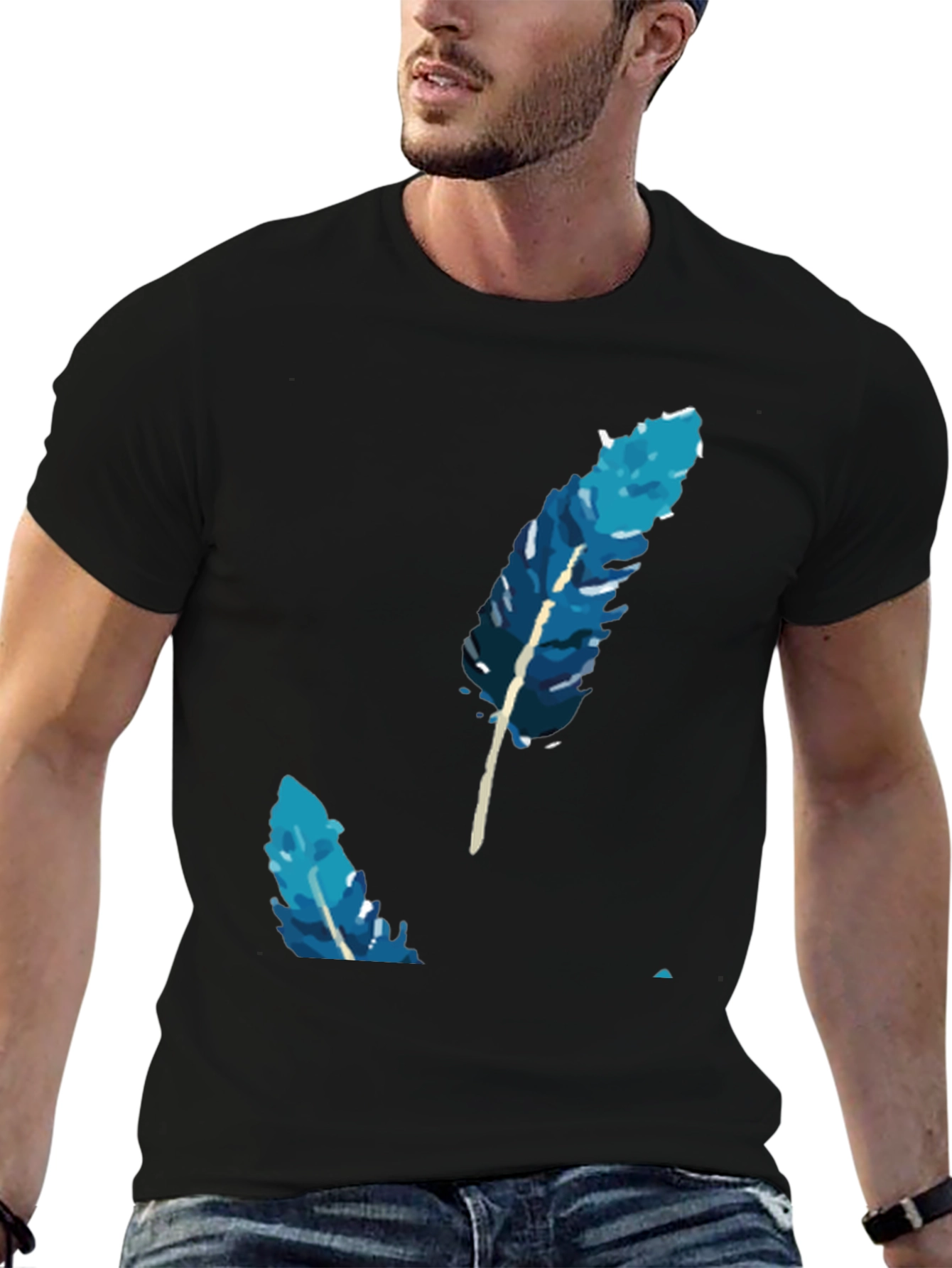 Black Blue Feather Graphic Tee - Soft Cotton Blend view 6