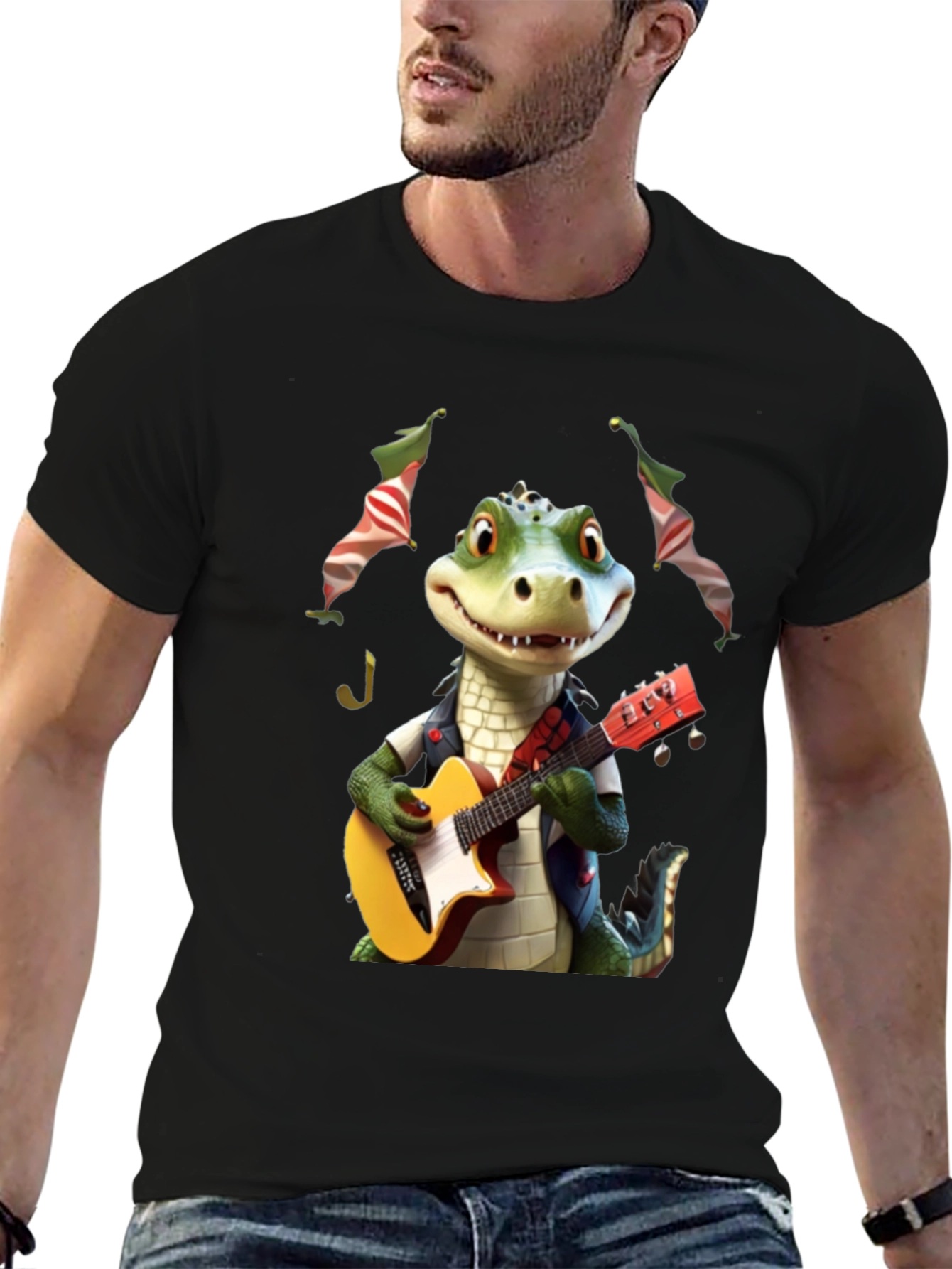 Black Alligator Guitar Player Graphic Tee view 6