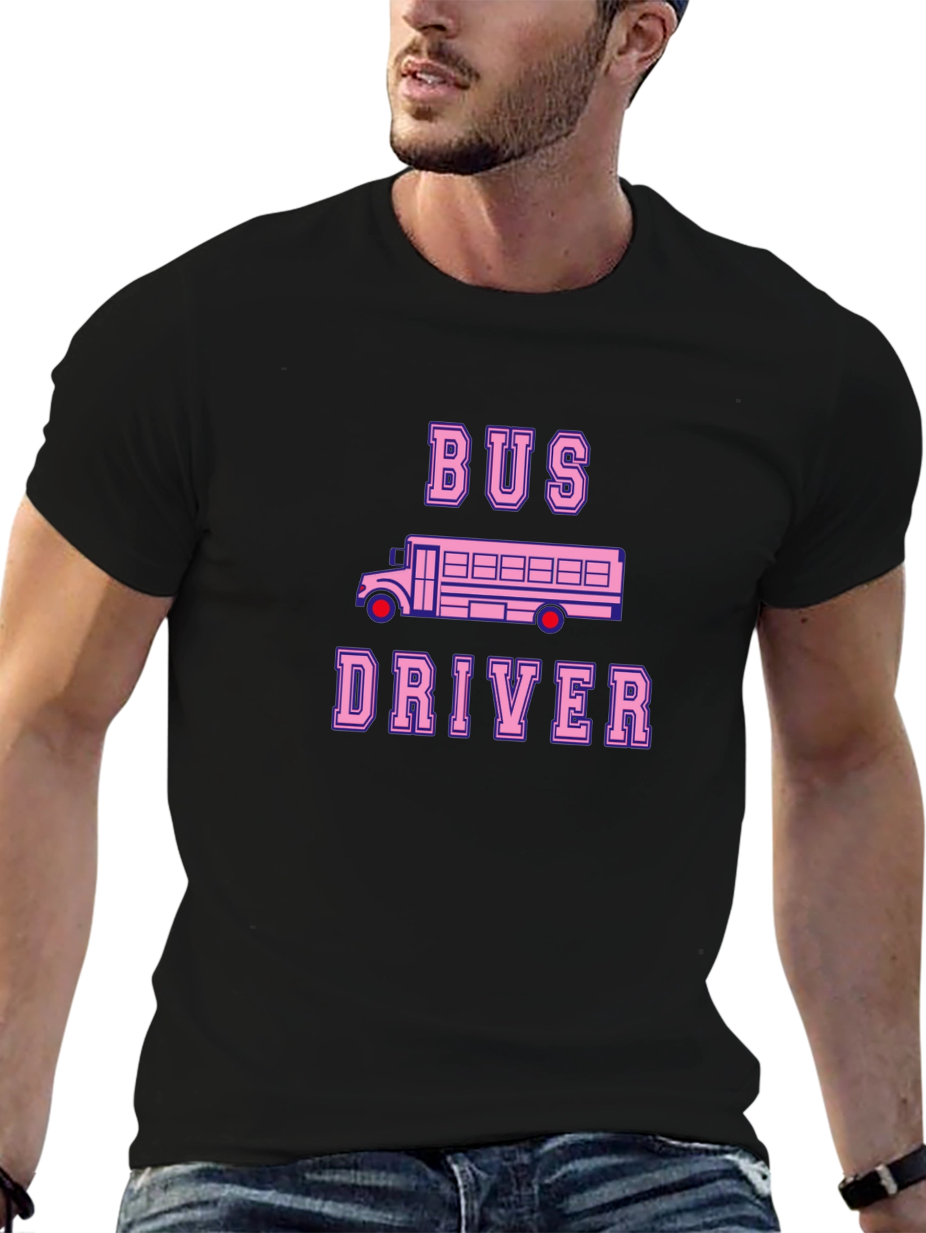 Black Bus Driver T-Shirt - Pink School Bus Design view 6