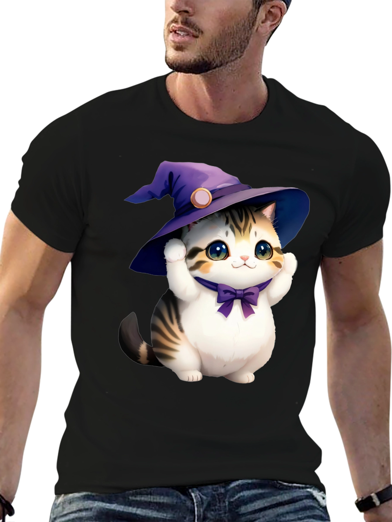 Black Cute Cat in Witch Hat Graphic Tee - Black view 6