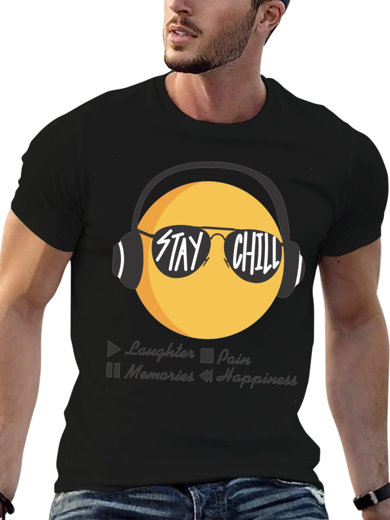 Black Stay Chill Emoji T-Shirt - Laughter, Happiness view 6