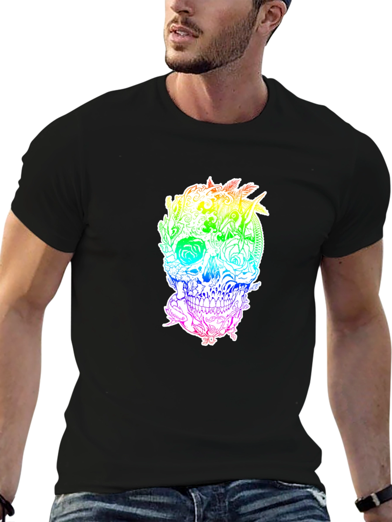 Black Rainbow Floral Skull Graphic Tee view 6