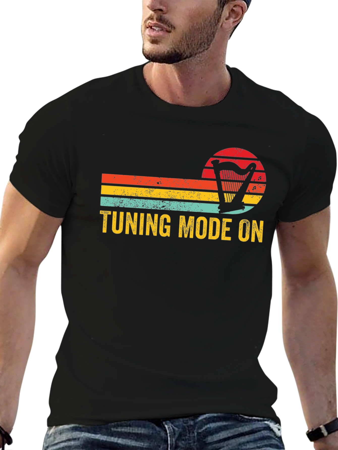 Black Tuning Mode On Harp Retro T-Shirt - Musician Gift view 6