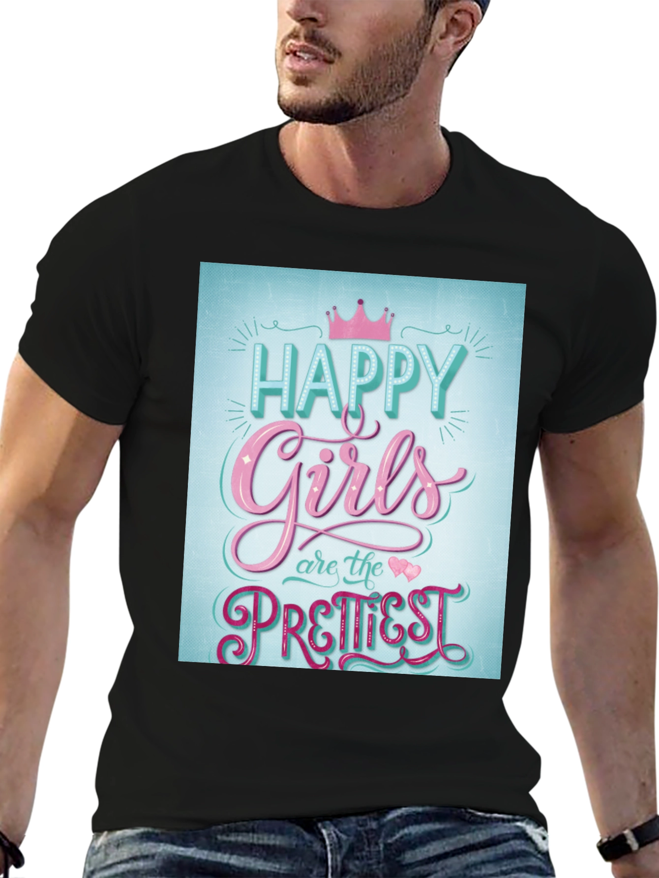 Black Happy Girls Prettiest T-Shirt - Fun Graphic Tee view 6