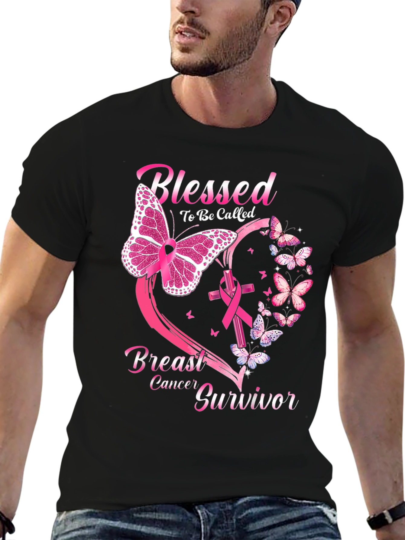 Black Breast Cancer Survivor Butterfly T-Shirt view 6