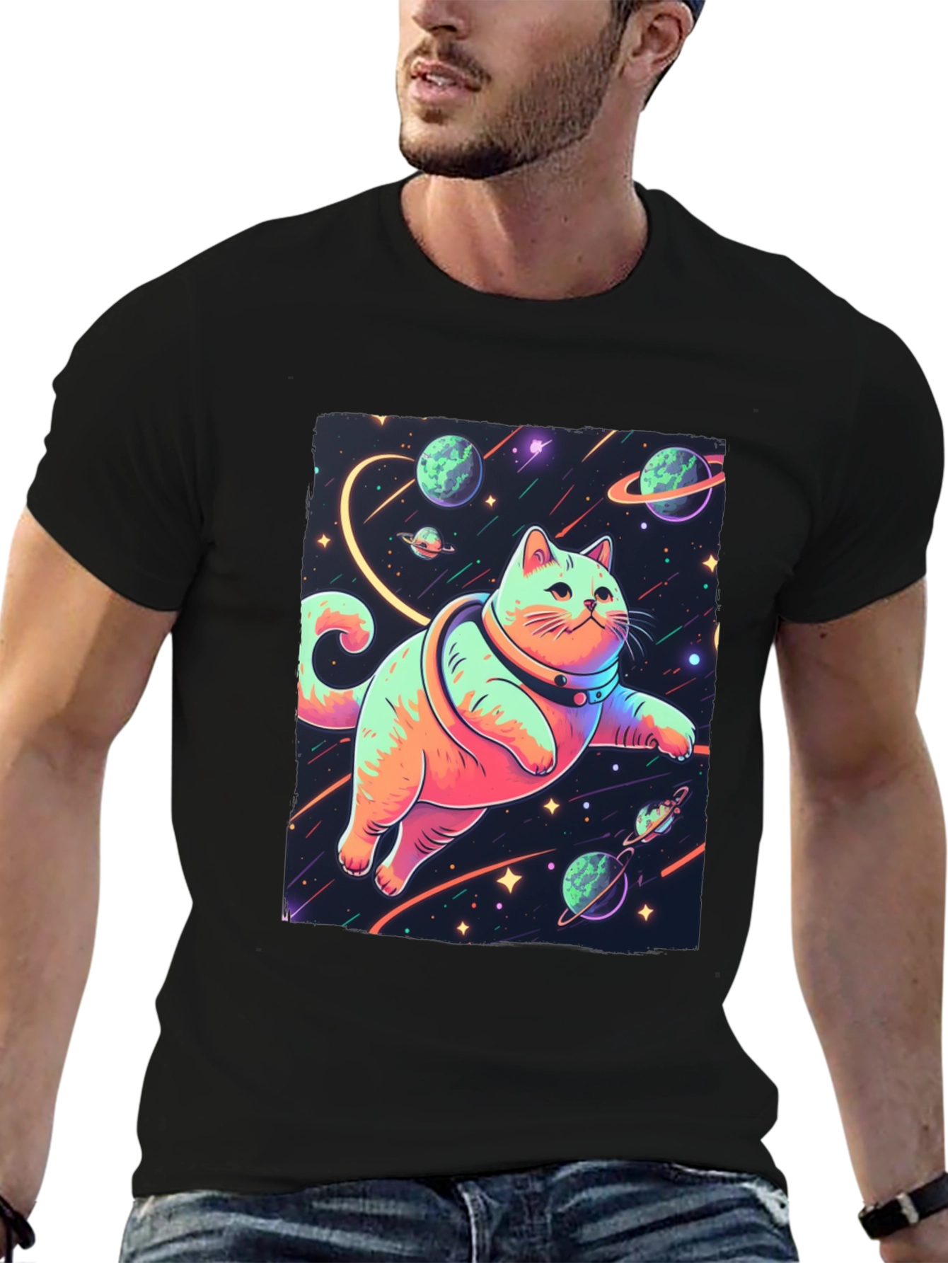 Black Cosmic Cat T-Shirt - Space Adventure Tee view 6