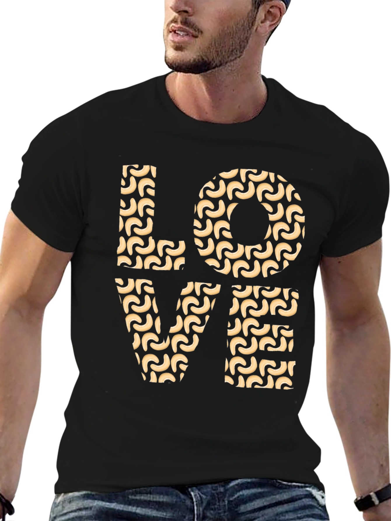 Black Love Pasta Pattern Black T-Shirt view 6
