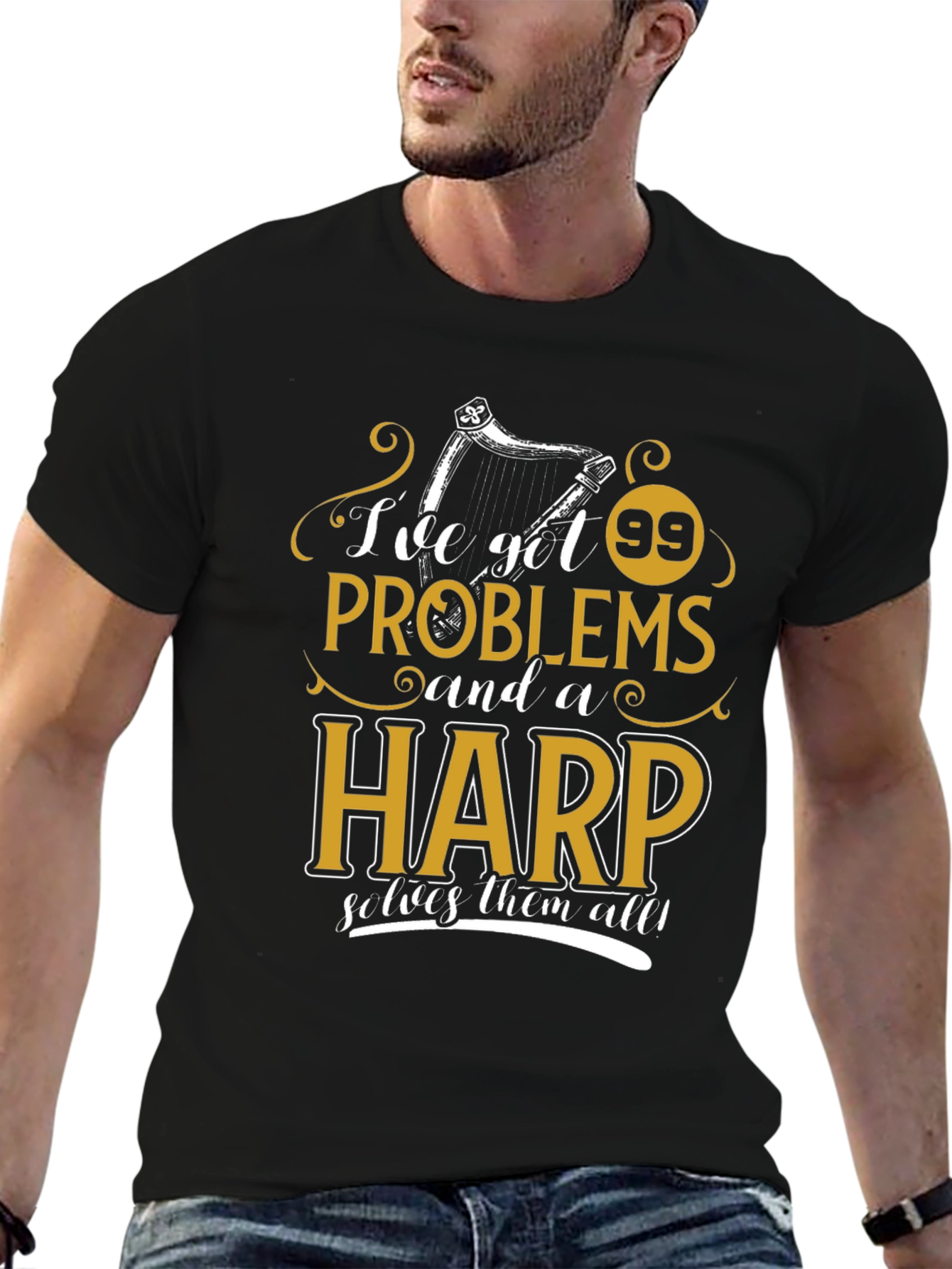 Black 99 Problems Harp T-Shirt - Musician Humor Tee view 6
