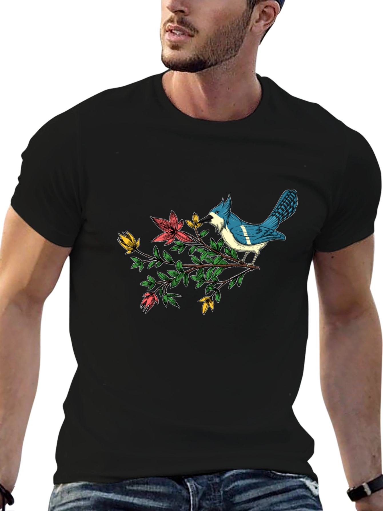 Black Blue Jay on Branch Graphic Tee - Soft Cotton Blend view 6