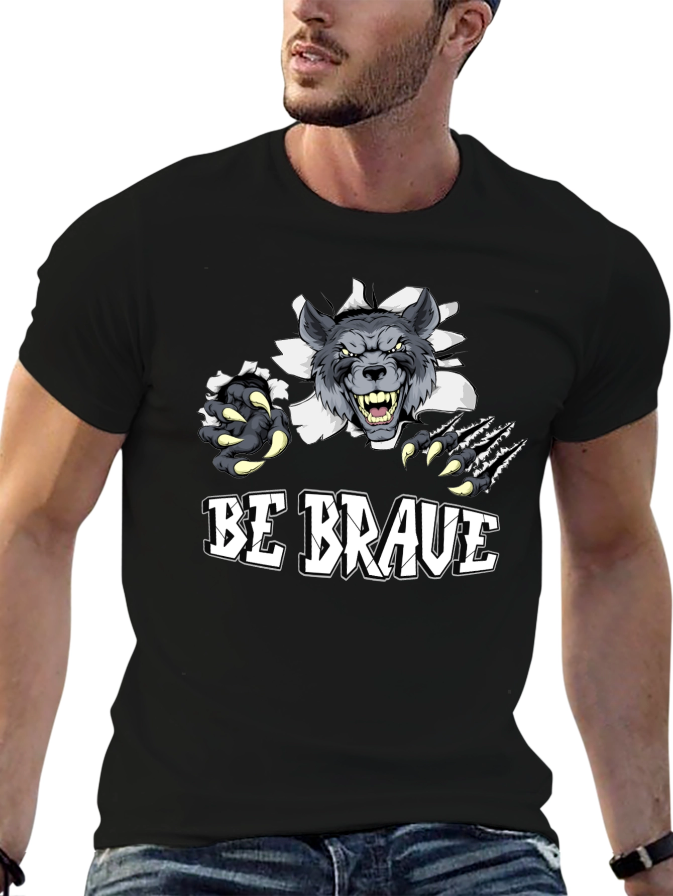 Black Be Brave Wolf Graphic Print T-Shirt view 6