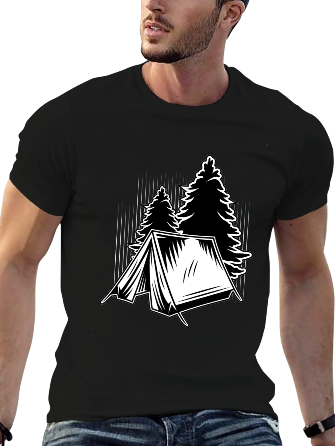 Black Camping Tent and Trees Graphic Tee - Black view 6