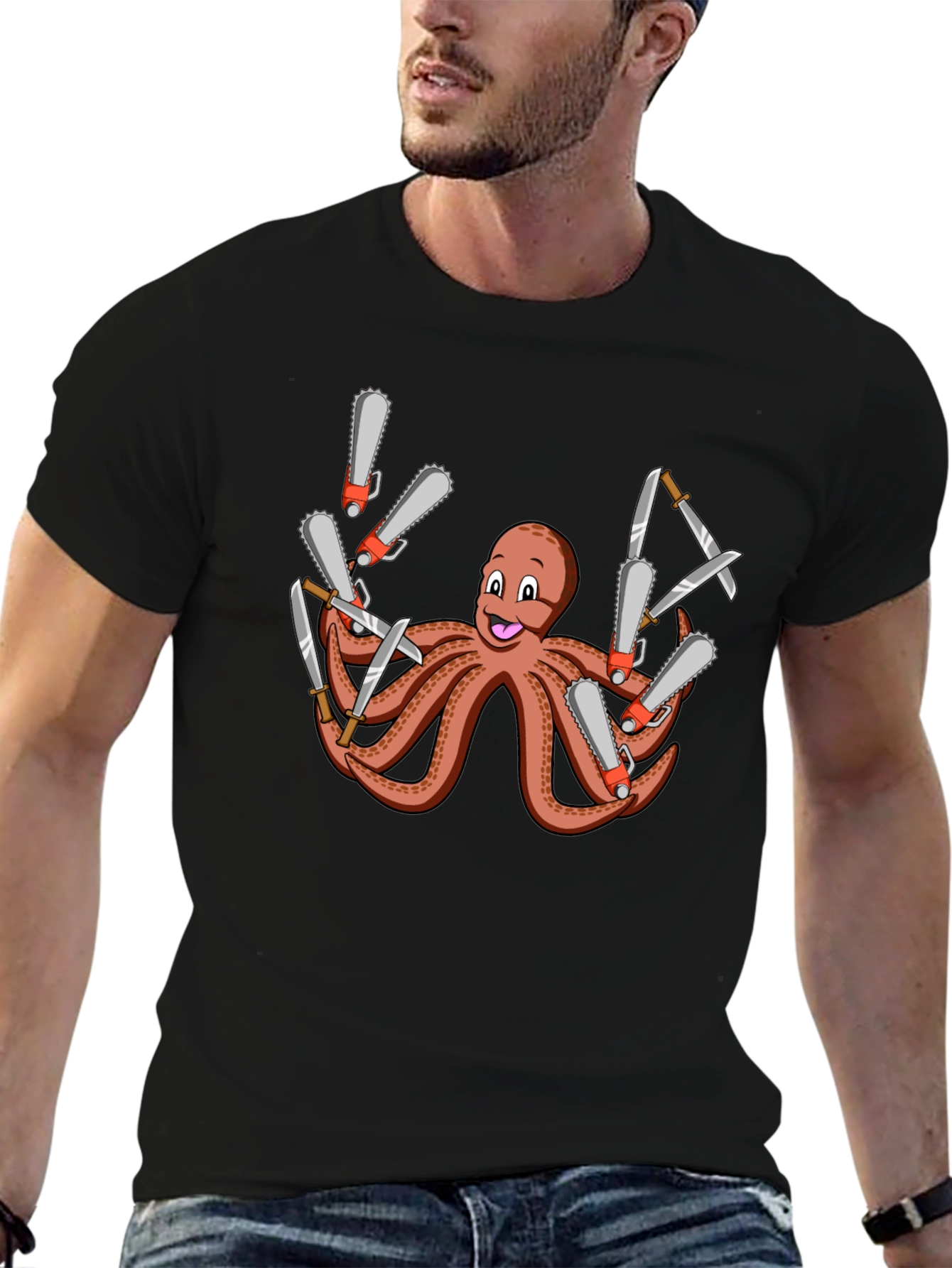 Black Octopus Chainsaw & Knife T-Shirt - Men's Black Tee view 6