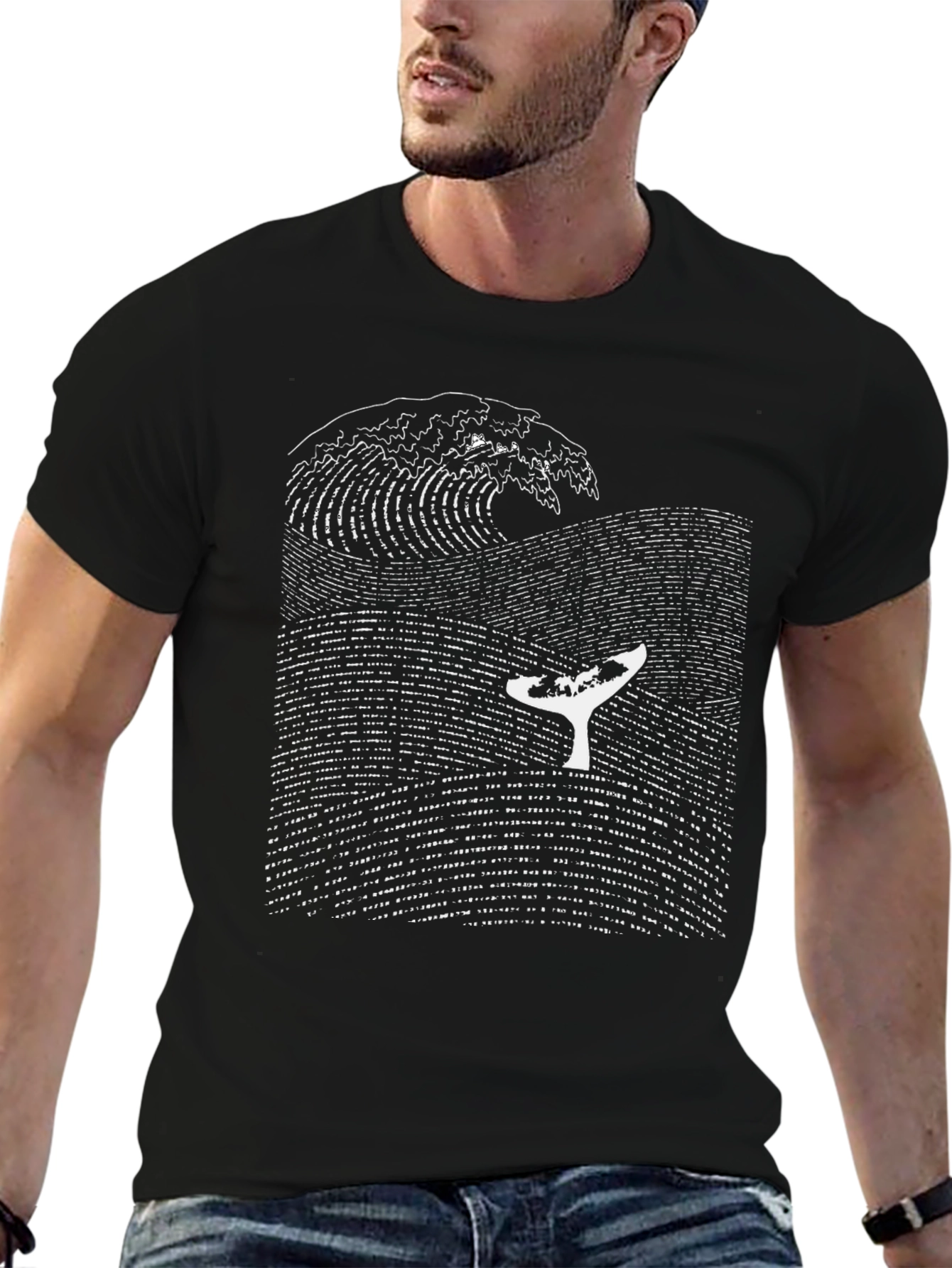 Black Whale Wave Graphic T-Shirt - Black Cotton Tee view 6