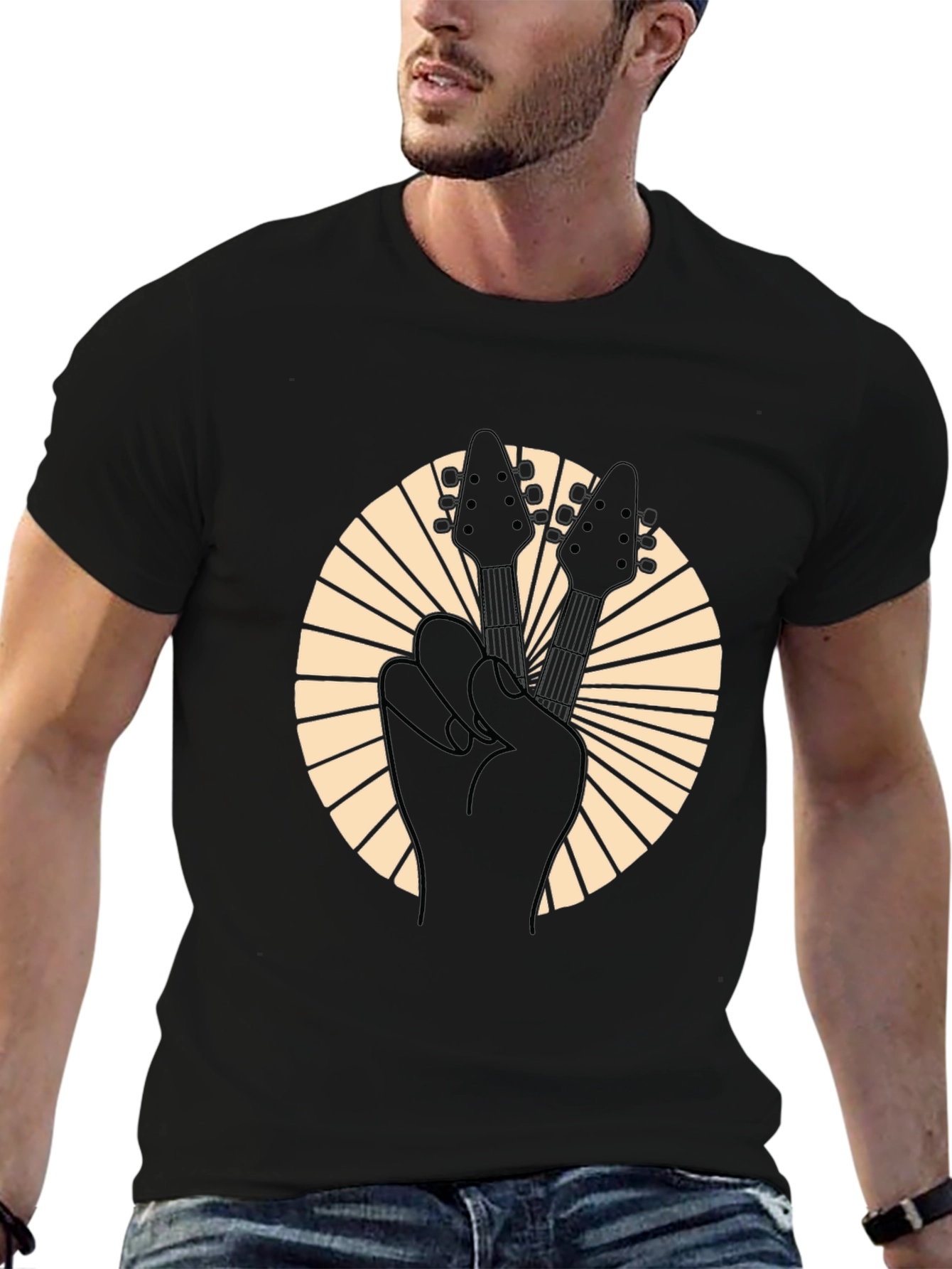 Black Rock On Black Guitar Peace Sign T-Shirt view 6