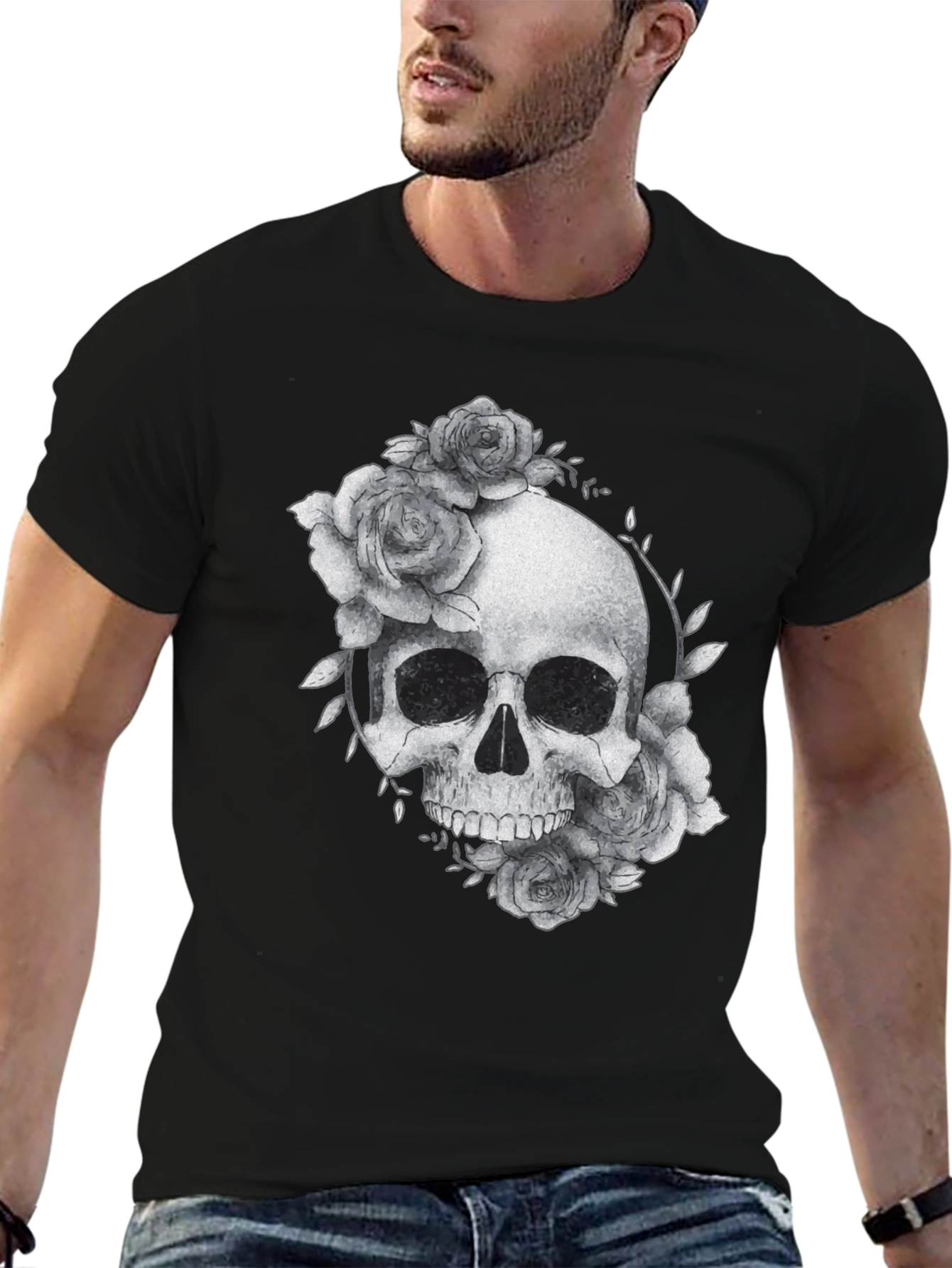 Black Skull & Roses Graphic Tee - Black Casual T-Shirt view 6
