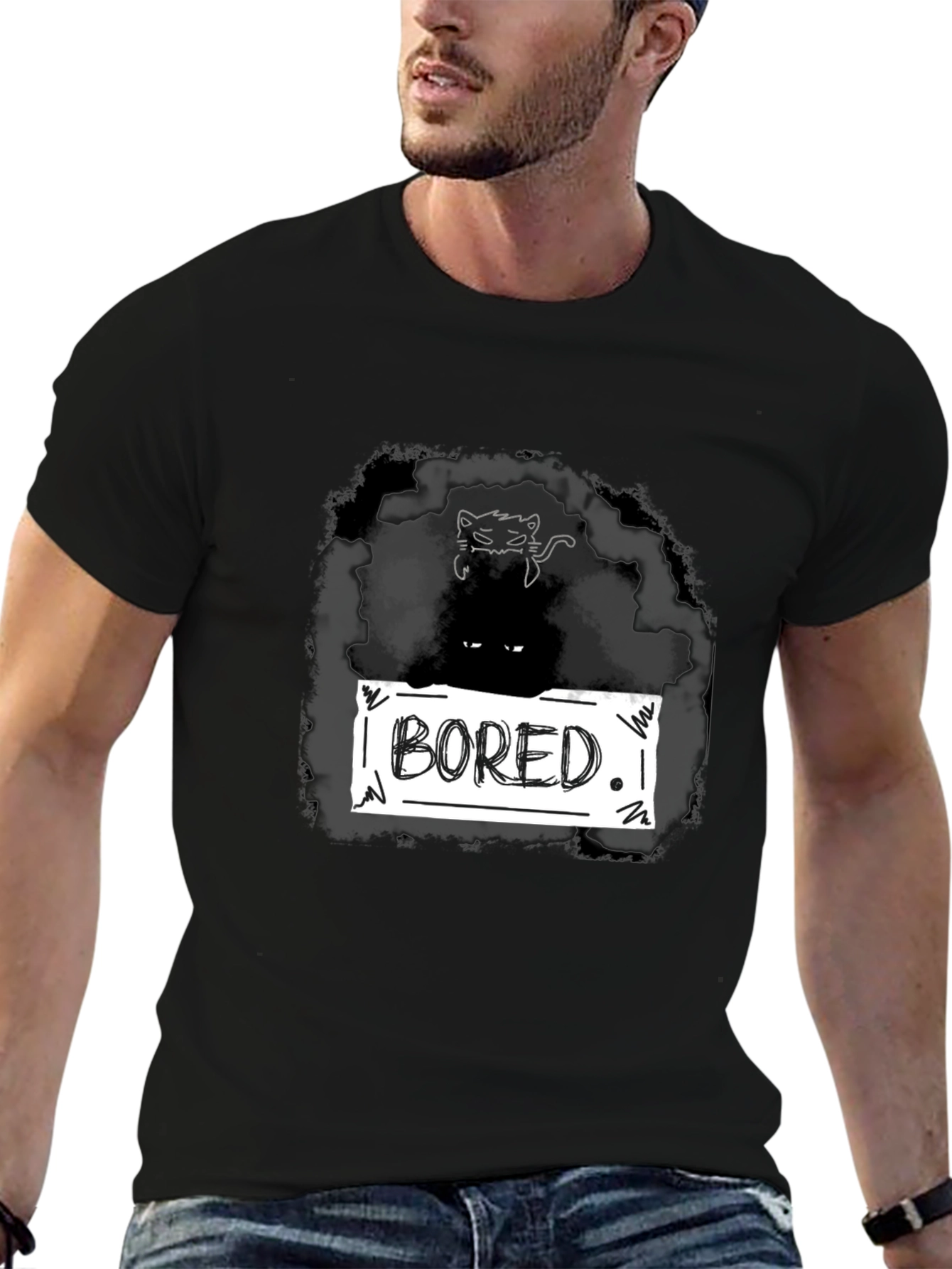 Black Bored Cat Graphic T-Shirt - Unisex Black Tee view 6