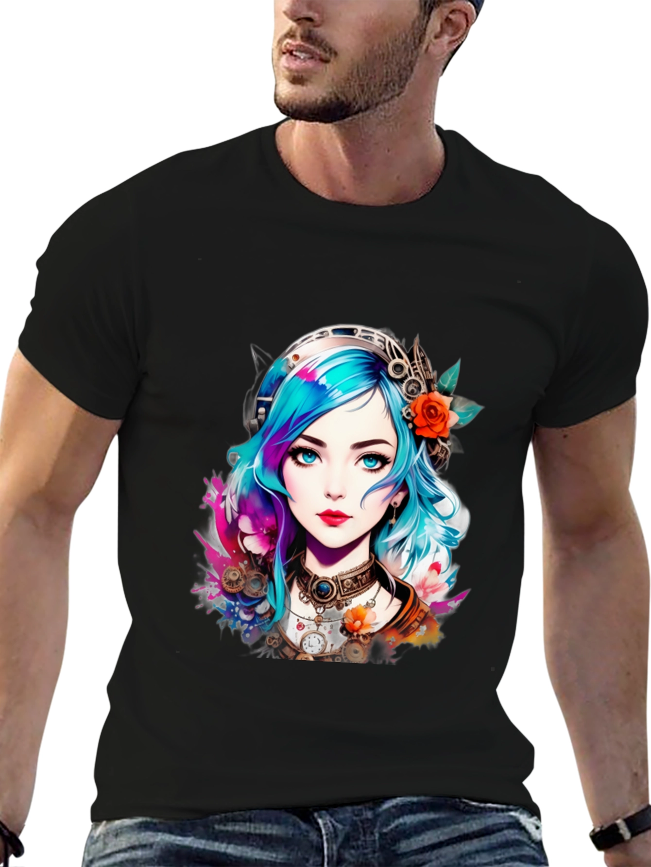 Black Steampunk Anime Girl Graphic Tee view 6