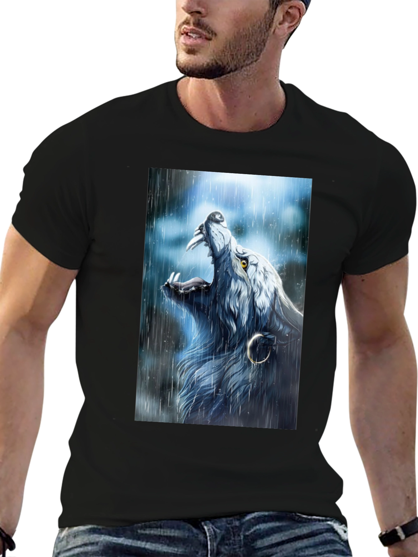 Black Wolf Howling in Rain Graphic Black T-Shirt view 6