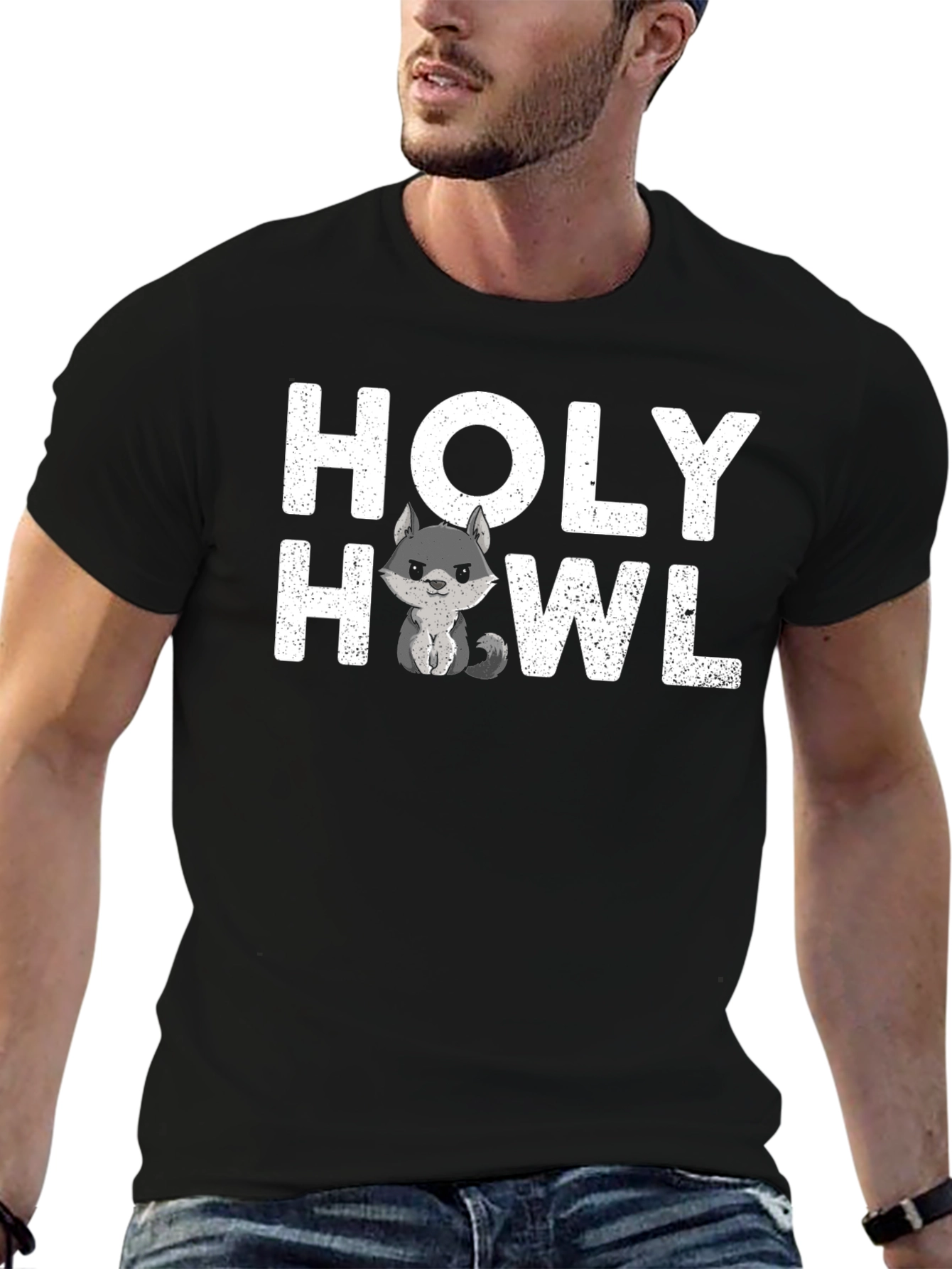 Black Holy Howl T-Shirt - Cute Wolf Graphic Tee view 6