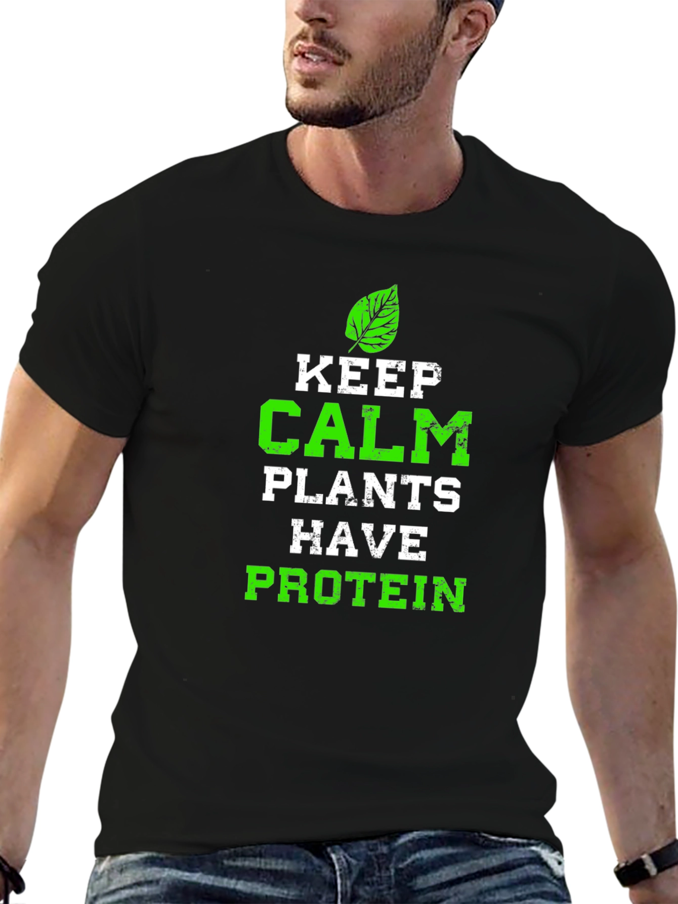 Black Keep Calm Plants Have Protein Graphic Tee view 6