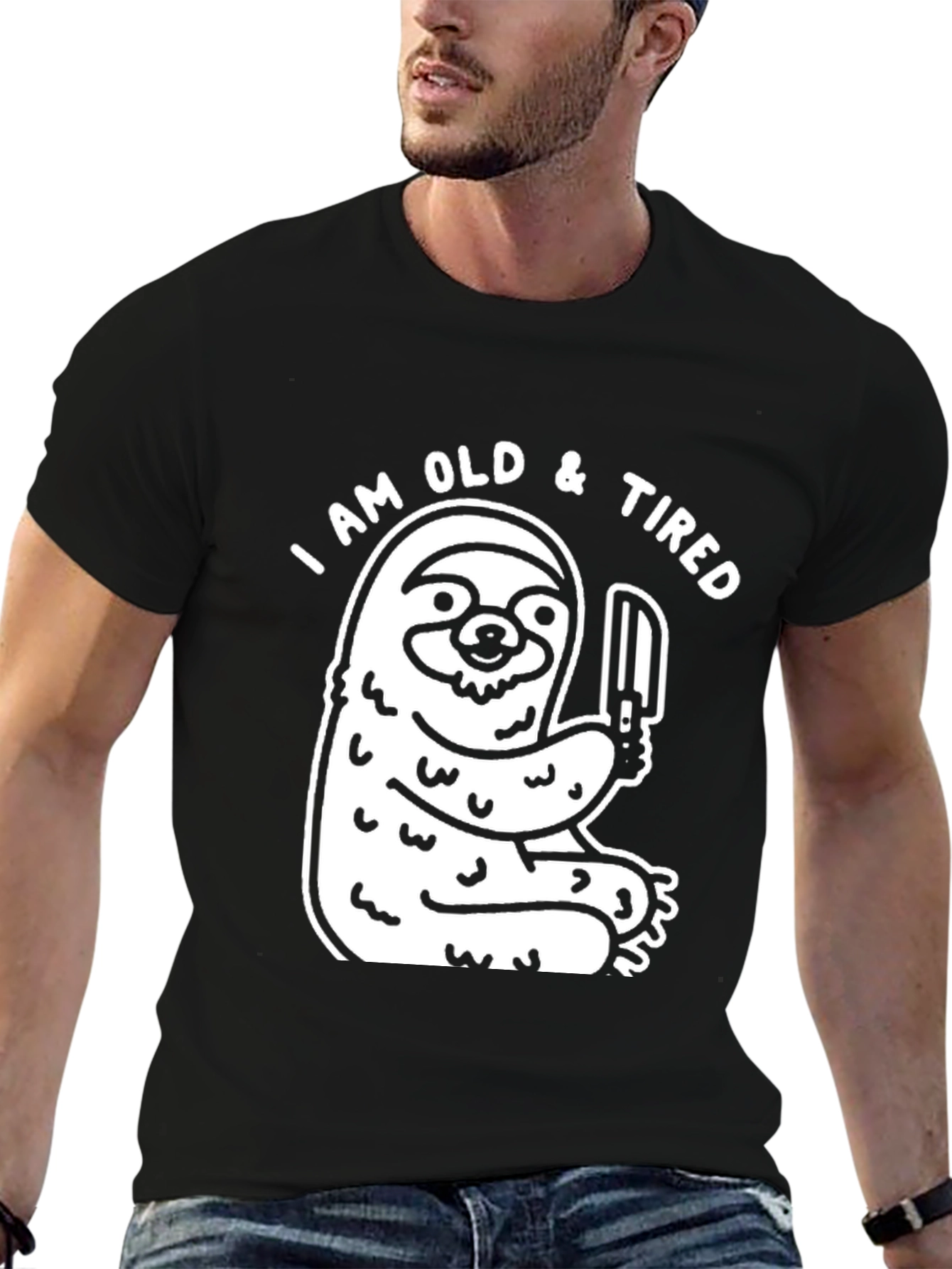 Black I am Old & Tired Sloth Graphic T-Shirt view 6