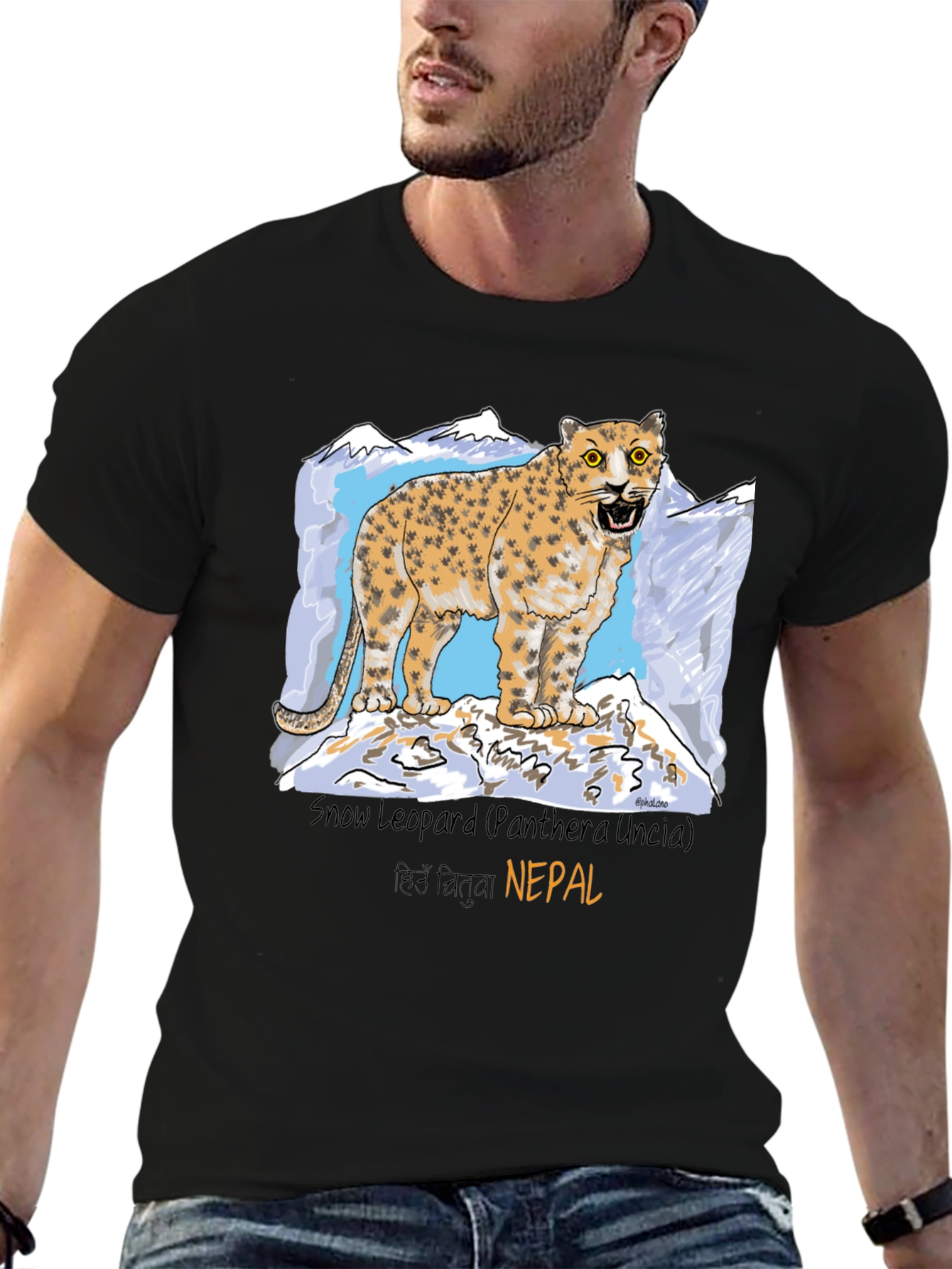 Black Snow Leopard Graphic Tee - Nepal Wildlife Shirt view 6