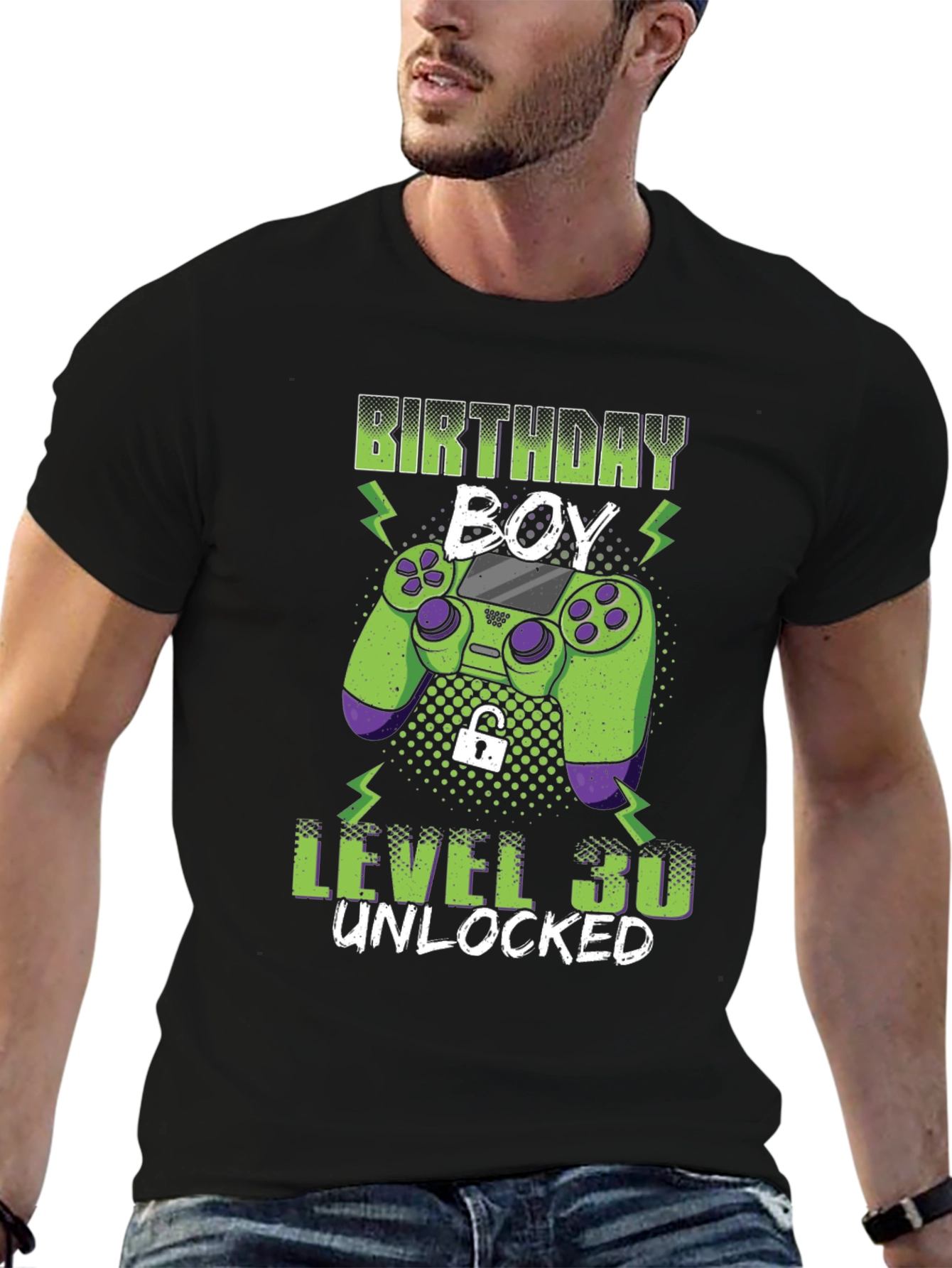 Black Birthday Boy Level 30 Unlocked Gaming T-Shirt view 6
