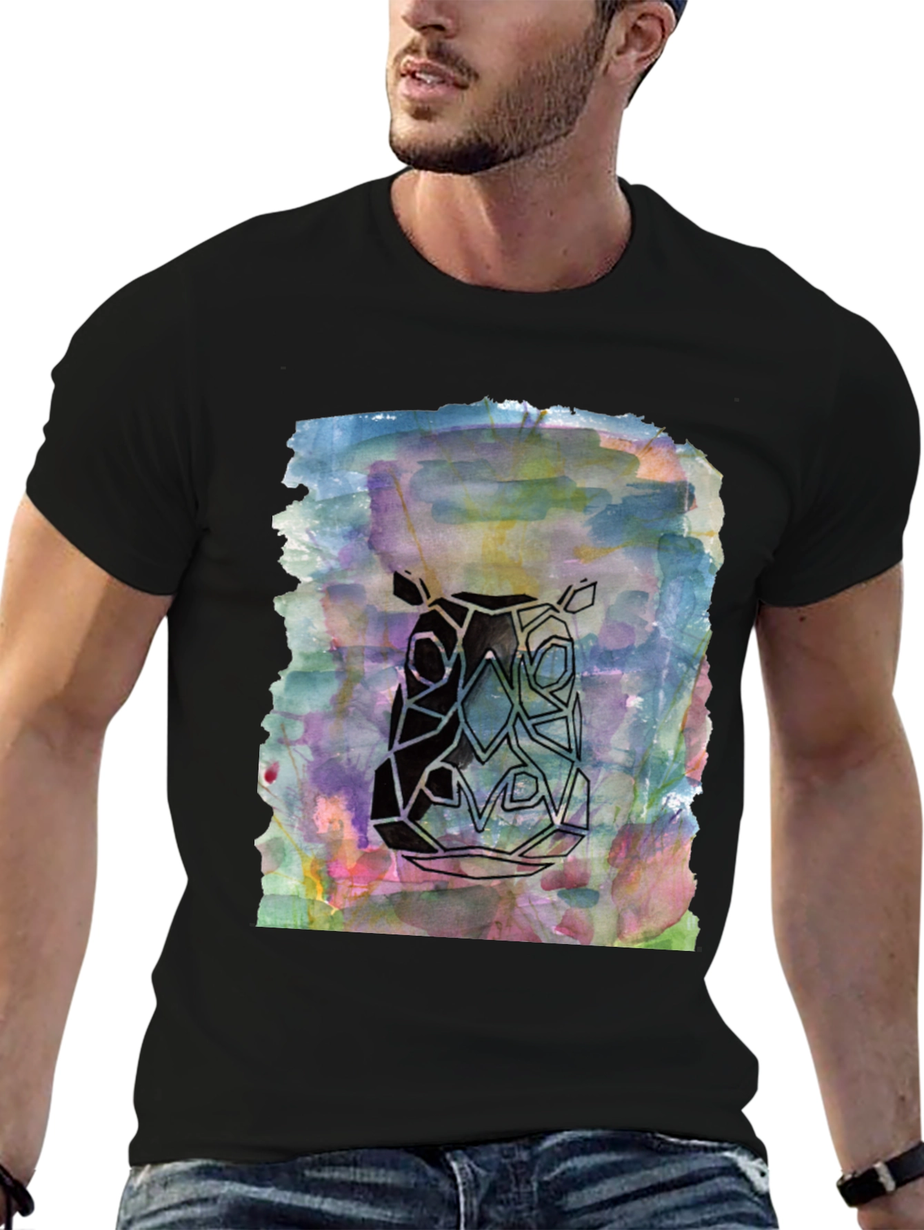 Black Abstract Rhino Graphic Tee - Men's Black T-Shirt view 6