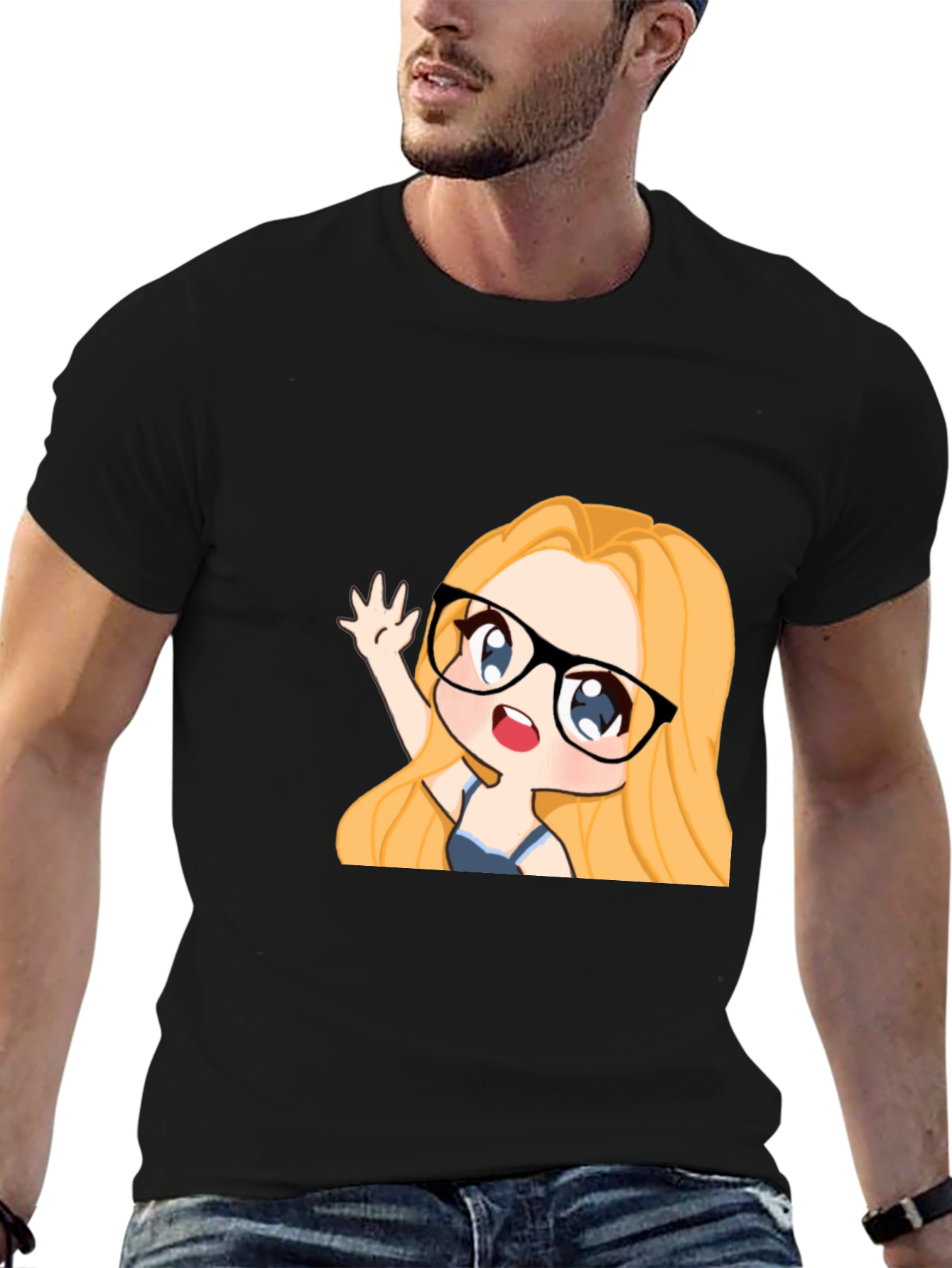 Black Anime Girl Graphic Tee - Black Cotton Casual T-Shirt view 6