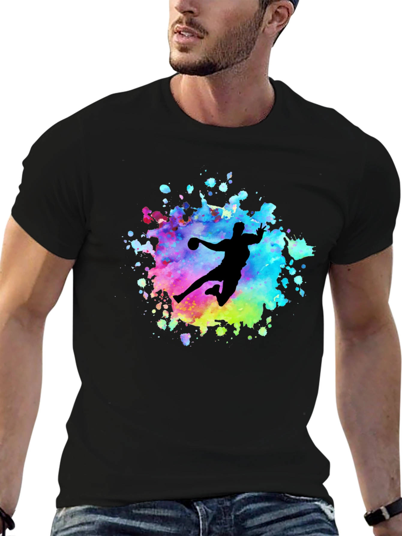 Black Watercolor Handball Player T-Shirt - Black view 6