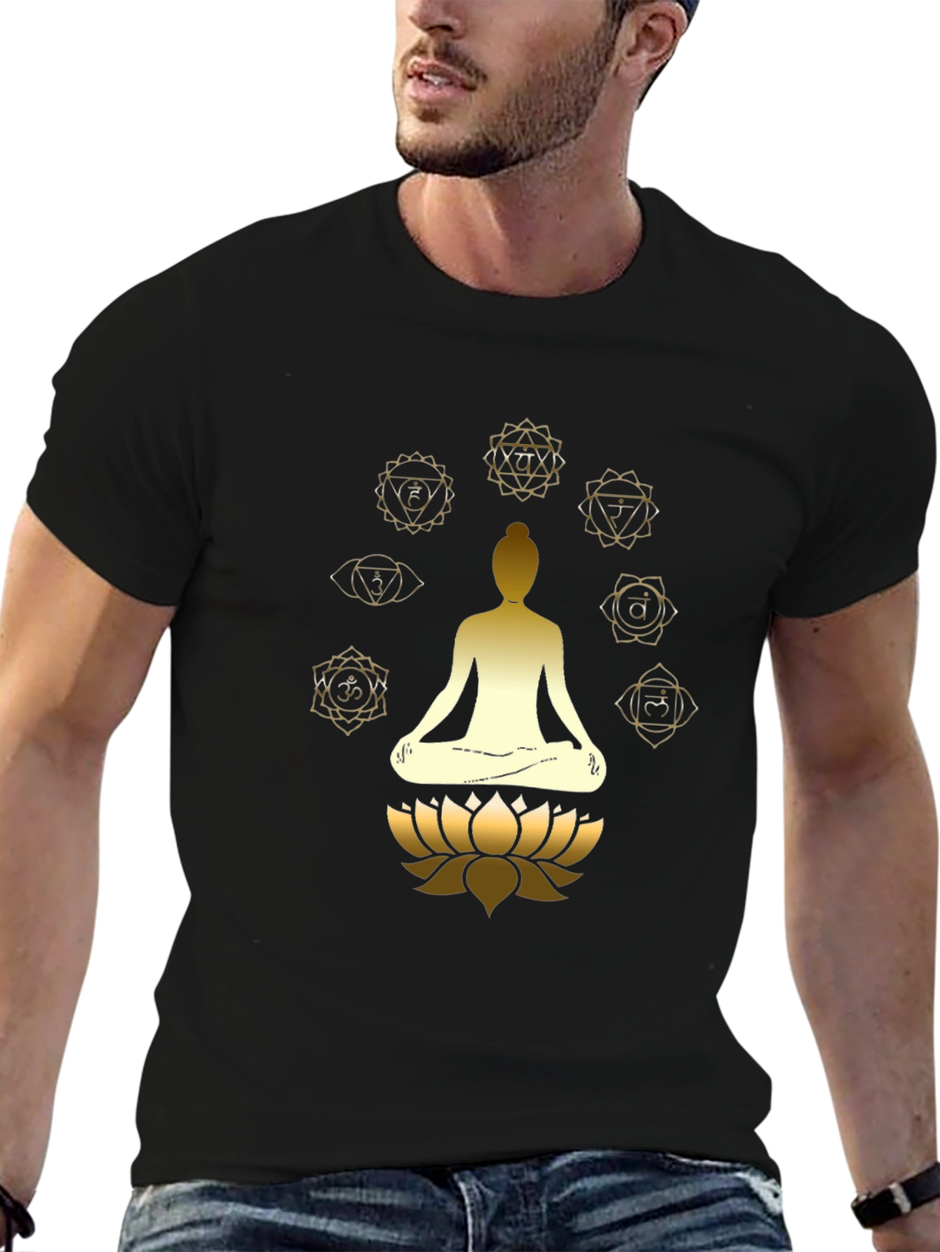 Black Men's Black Chakra Meditation Graphic T-Shirt view 6