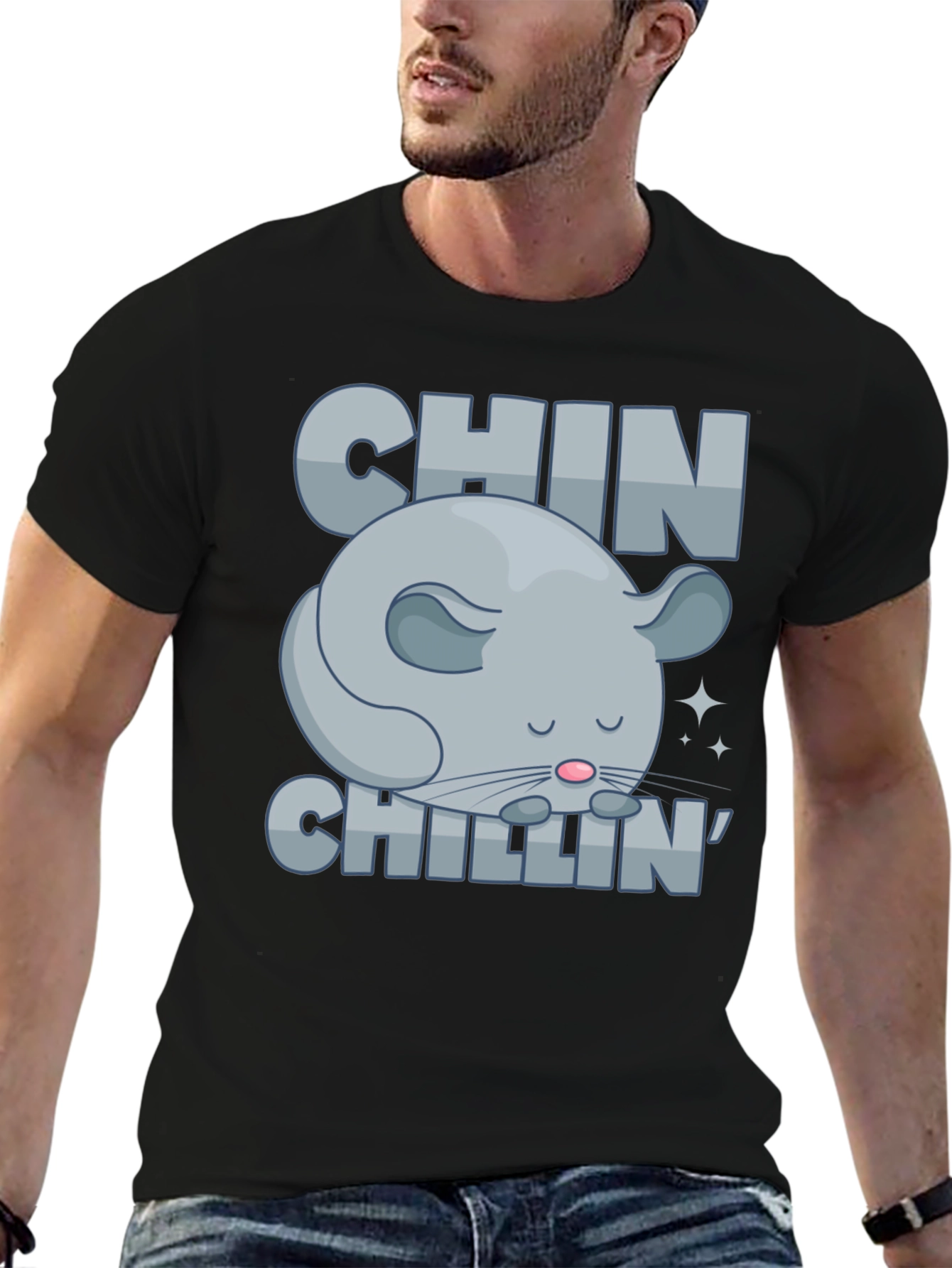 Black Chin Chillin' T-Shirt, Funny Chinchilla Graphic Tee view 6