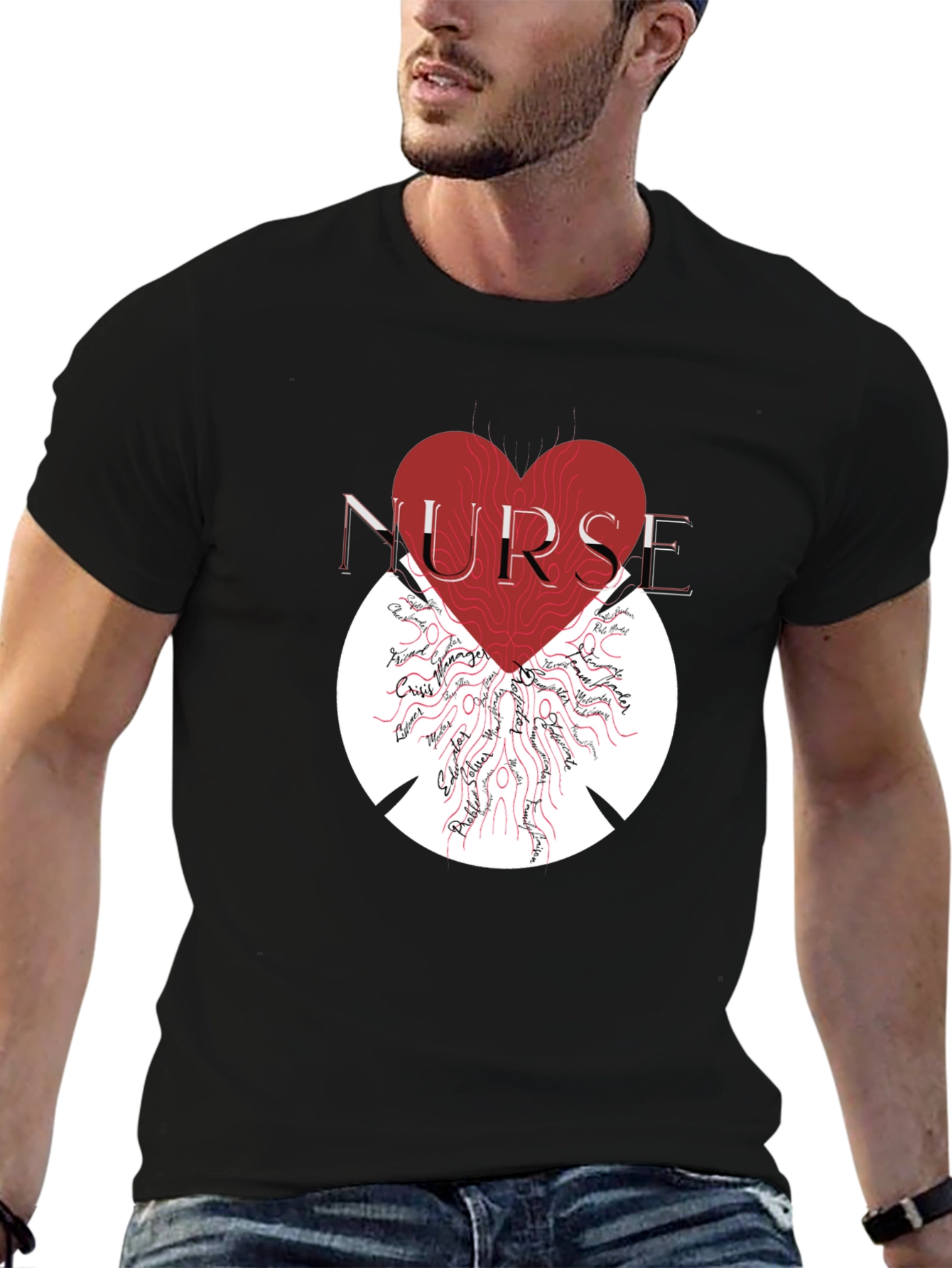 Black Nurse Heart Graphic T-Shirt - Unisex view 6