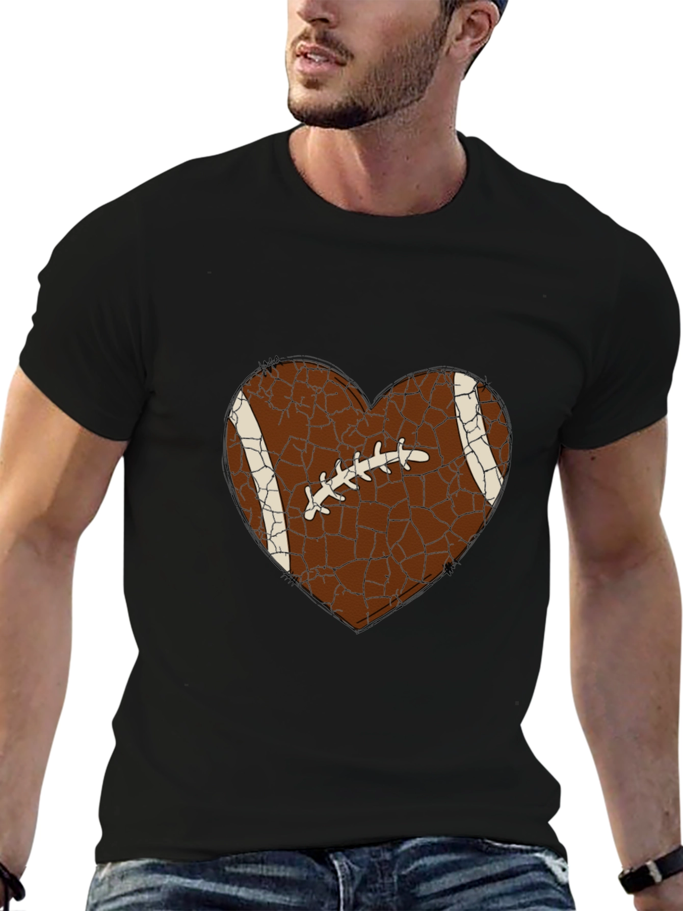 Black Football Heart Graphic Tee - Sporty Casual Shirt view 6