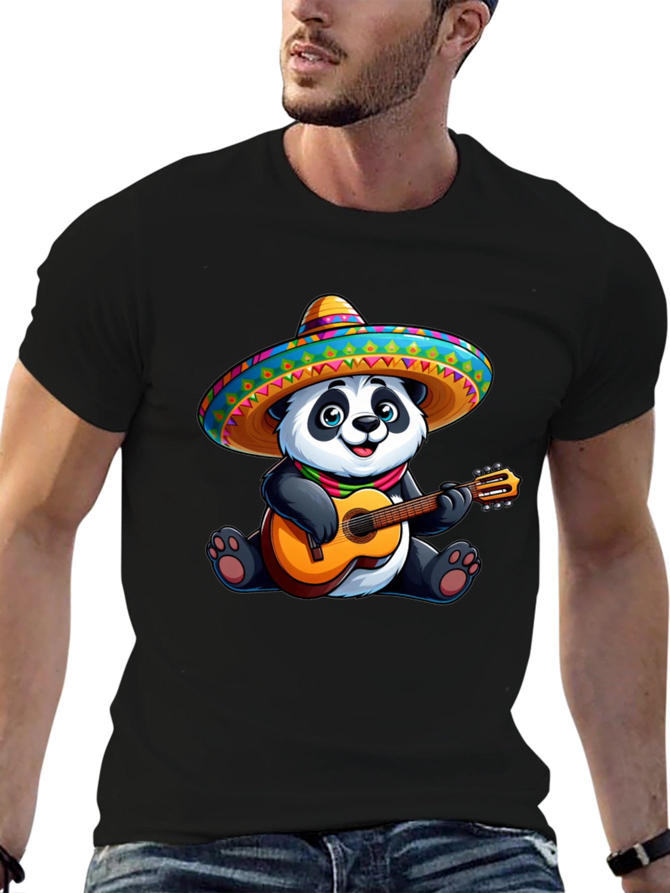 Black Panda Guitarist Graphic Tee - Black Cotton T-Shirt view 6