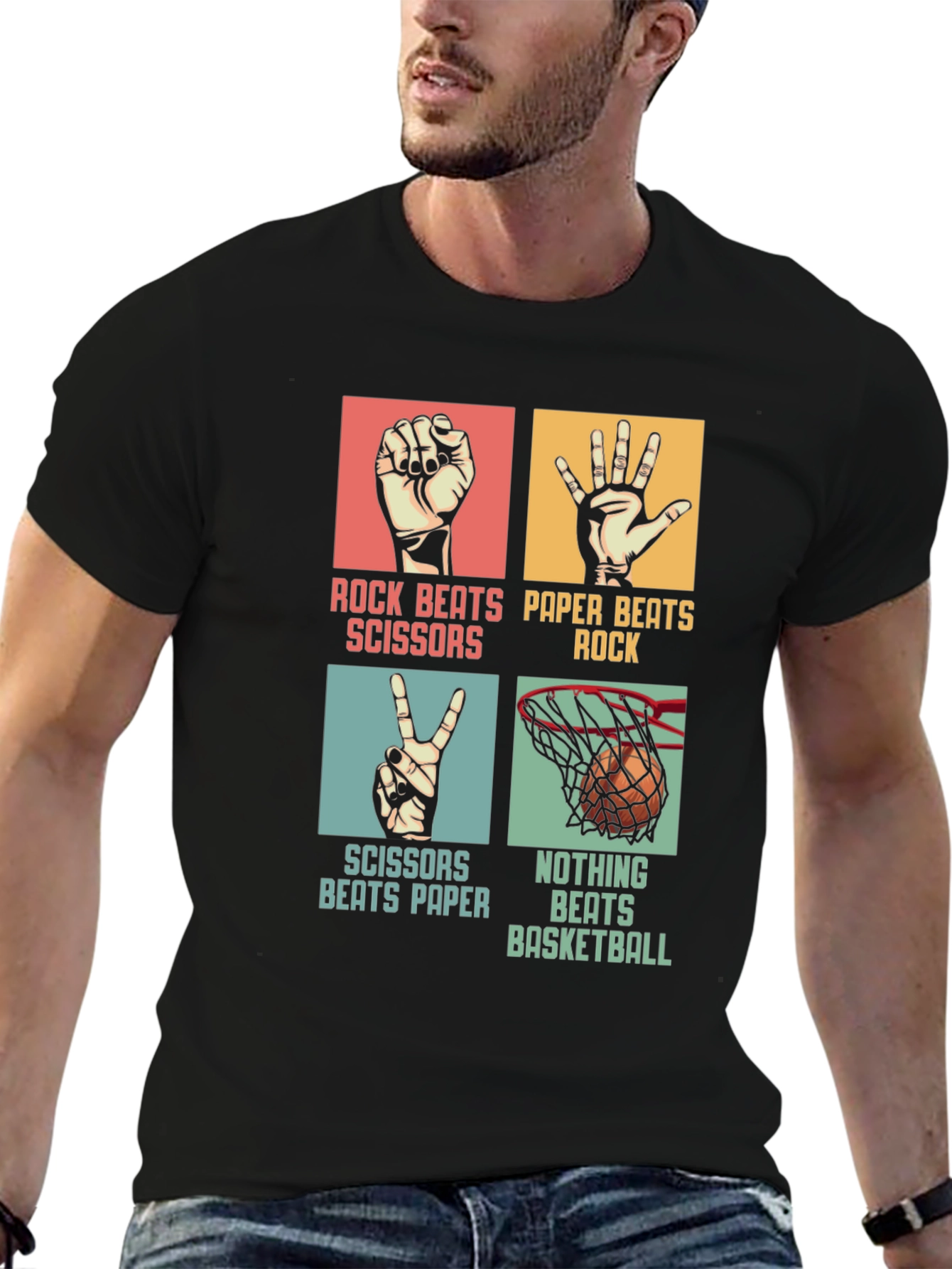 Black Rock Paper Scissors Basketball Black T-Shirt view 6