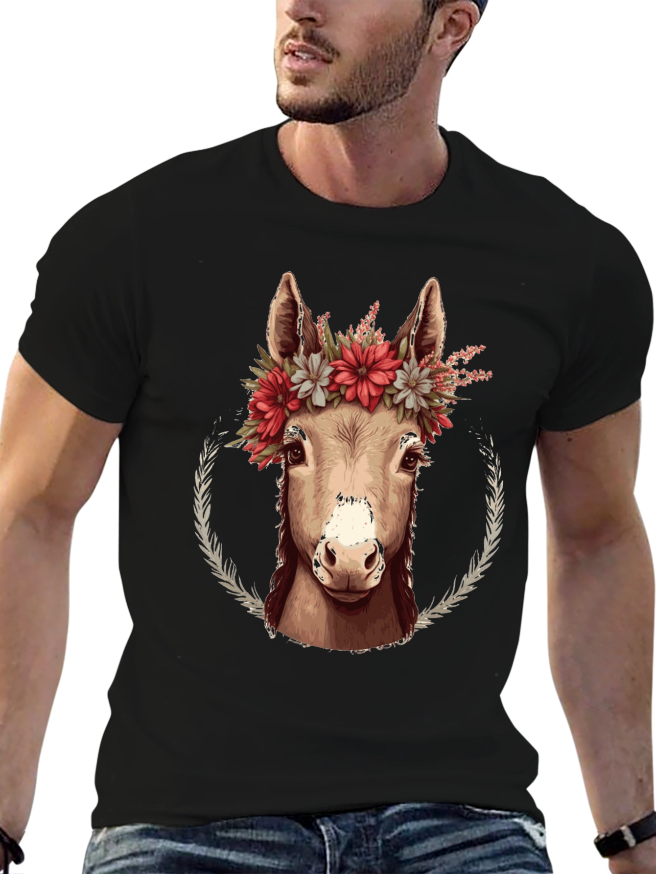 Black Donkey Floral Wreath Graphic Tee - Cute Animal Lover Shirt view 6