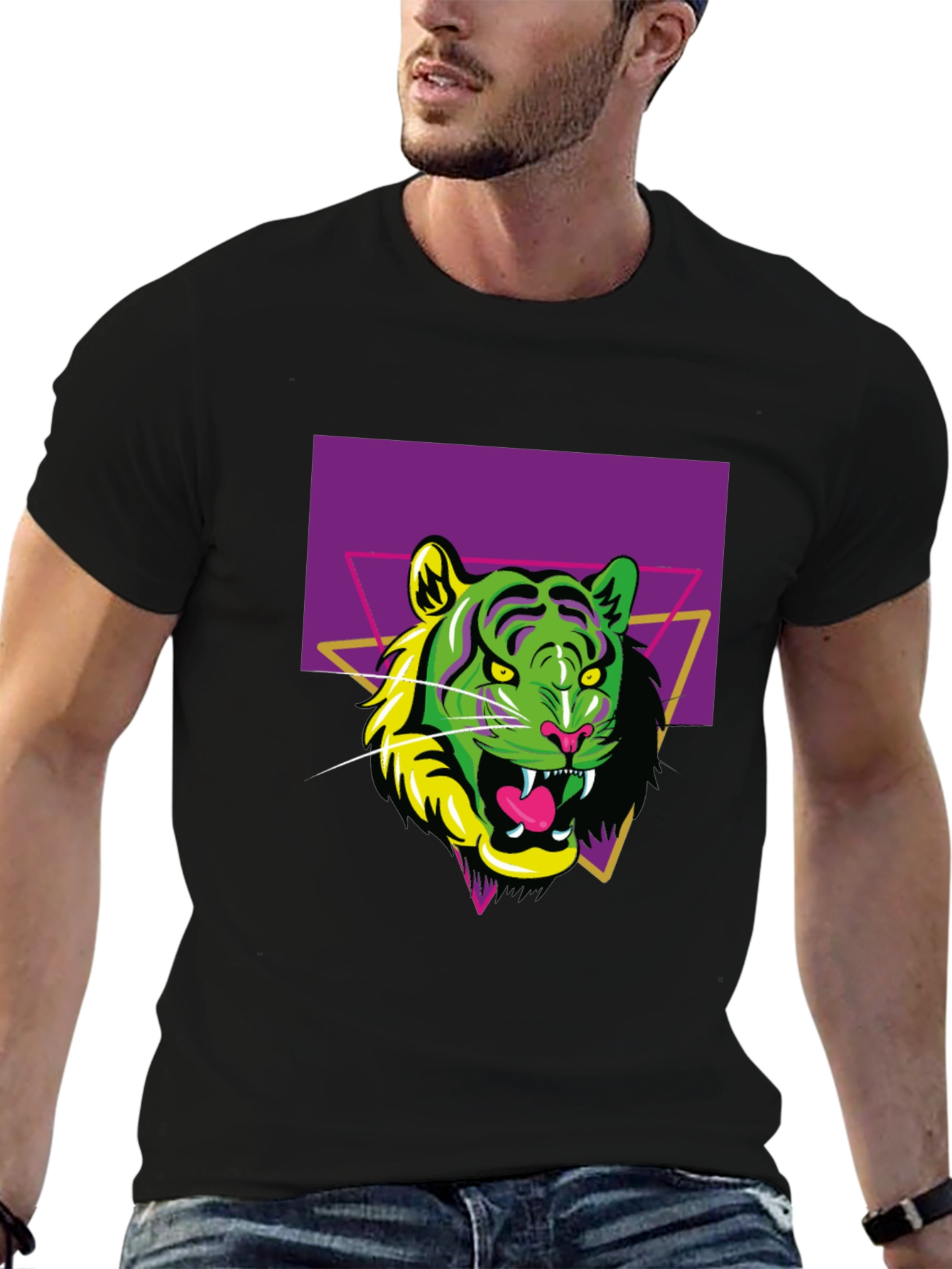 Black Retro Tiger Graphic Tee - Men's Black T-Shirt view 6