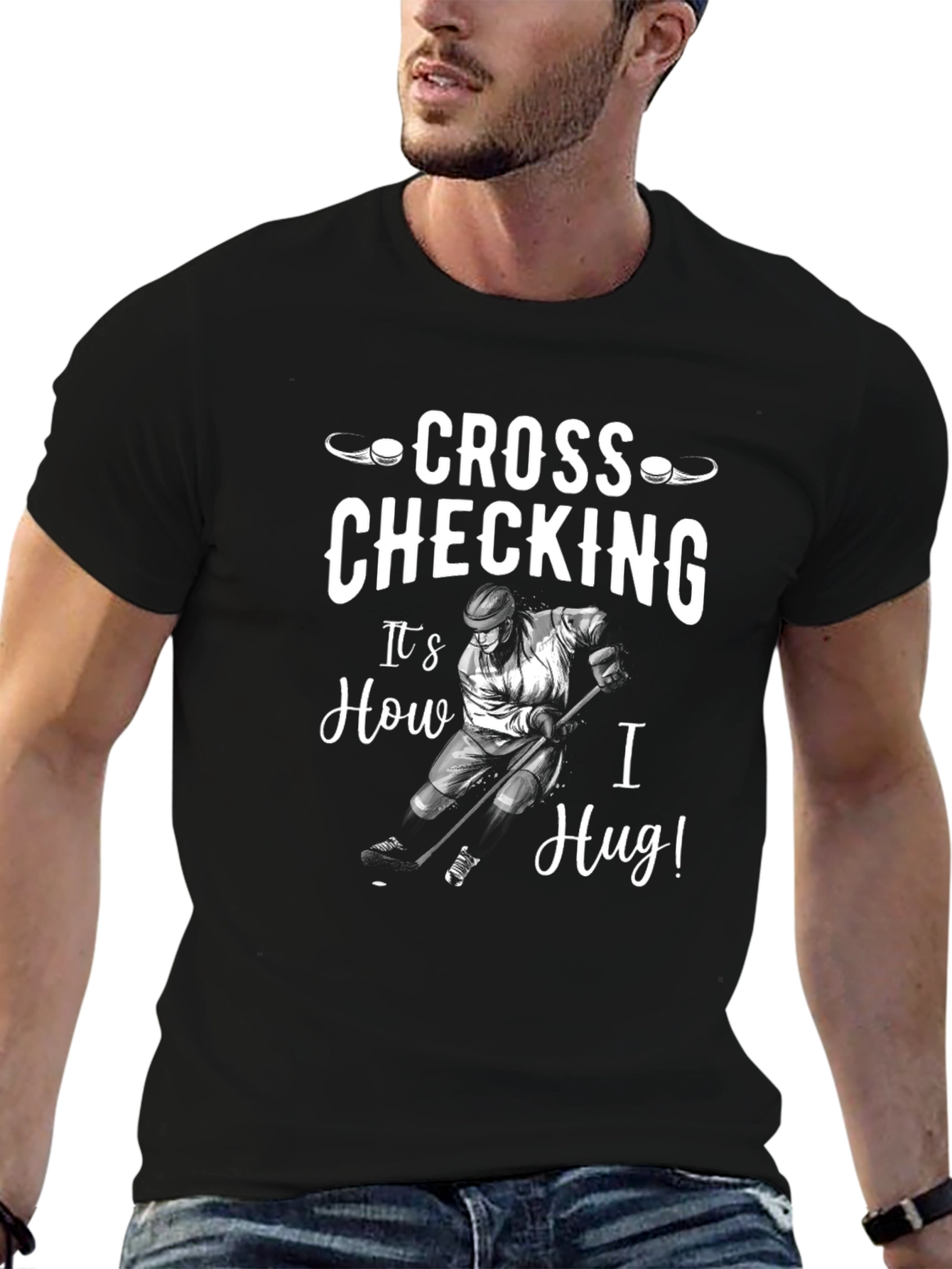 Black Cross Checking Hockey T-Shirt - Funny Sports Tee view 6